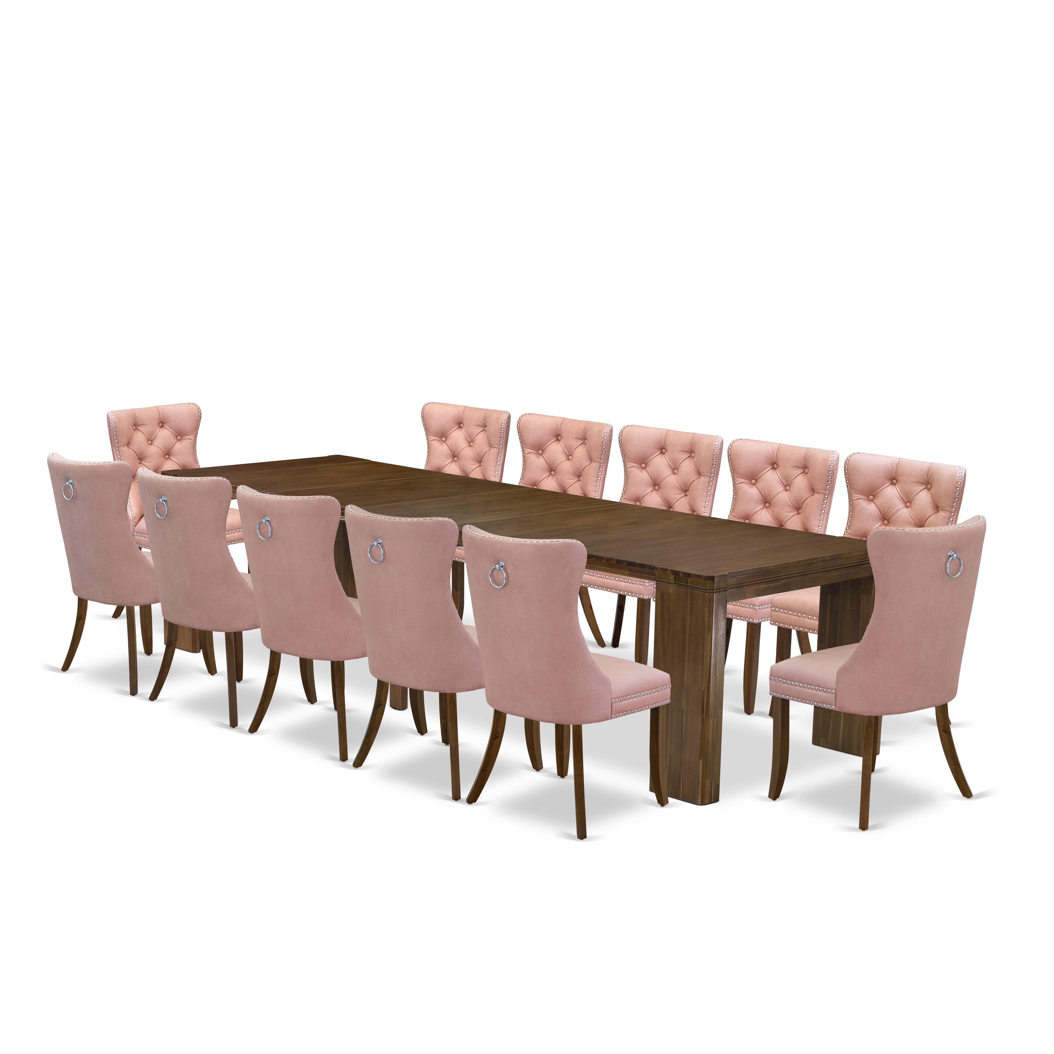 X12DA-008-23 -13 Pieces Extendable Dining Set Includes a Rectangle Xtenczar Kitchen Table and 12 Beige Red Faux Leather Dining Chairs, Antique Walnut.