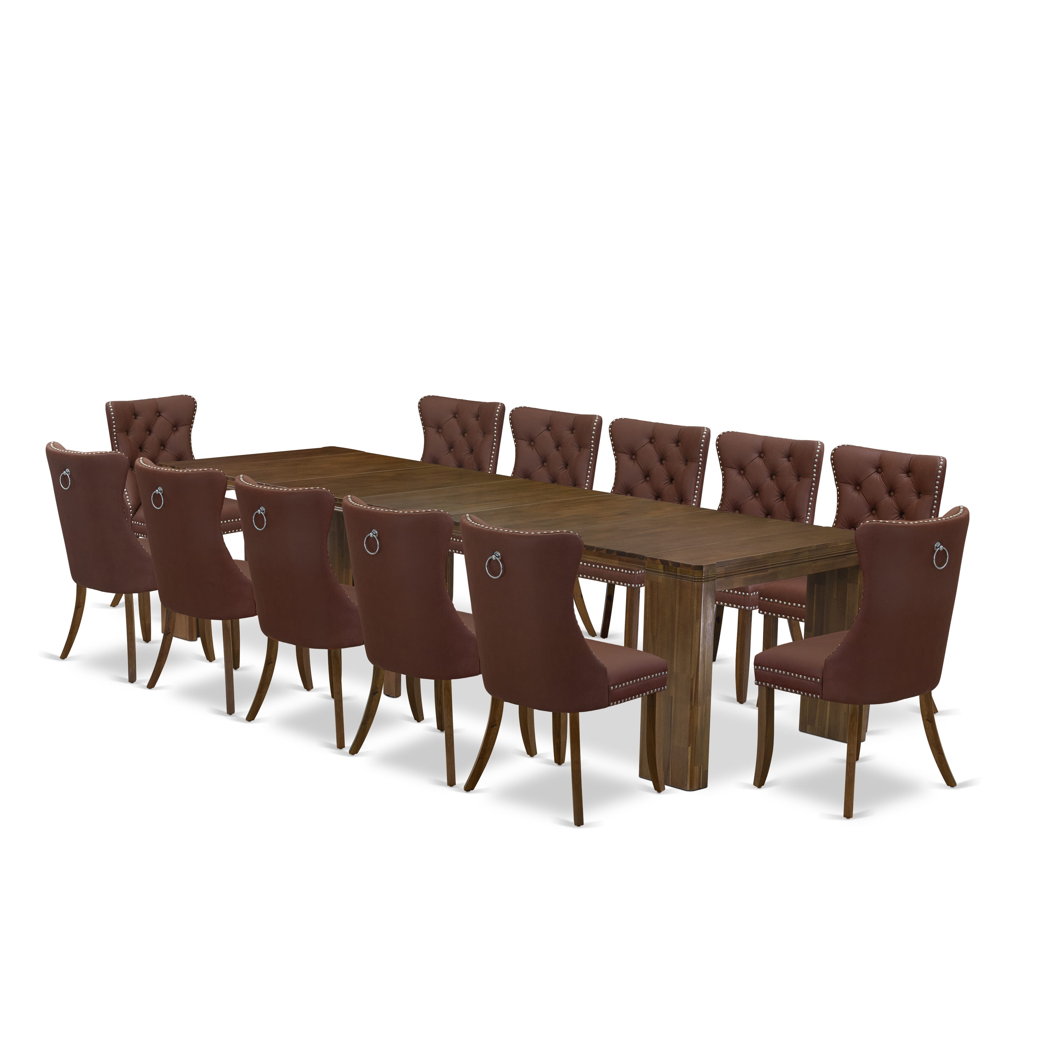 X12DA-008-26 -13 Pieces Extendable Dining Set Includes a Rectangle Xtenczar Table and 12 Burgundy Faux Leather Dining Chairs, Antique Walnut.
