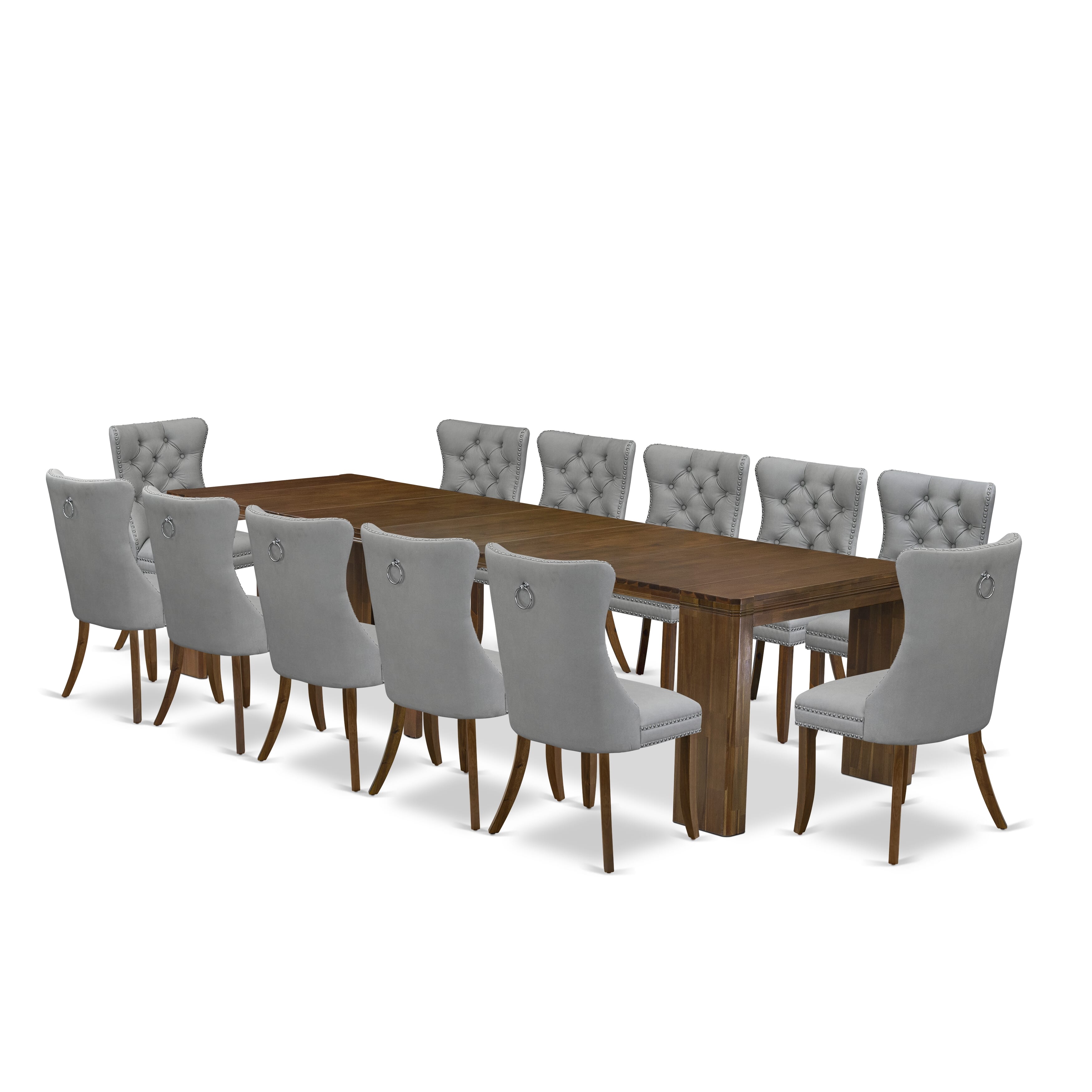X12DA-008-27-13 Pieces Extendable Dining Set Includes a Rectangle Xtenczar Table and 12 Light Gray Faux Leather Dining Chairs, Antique Walnut