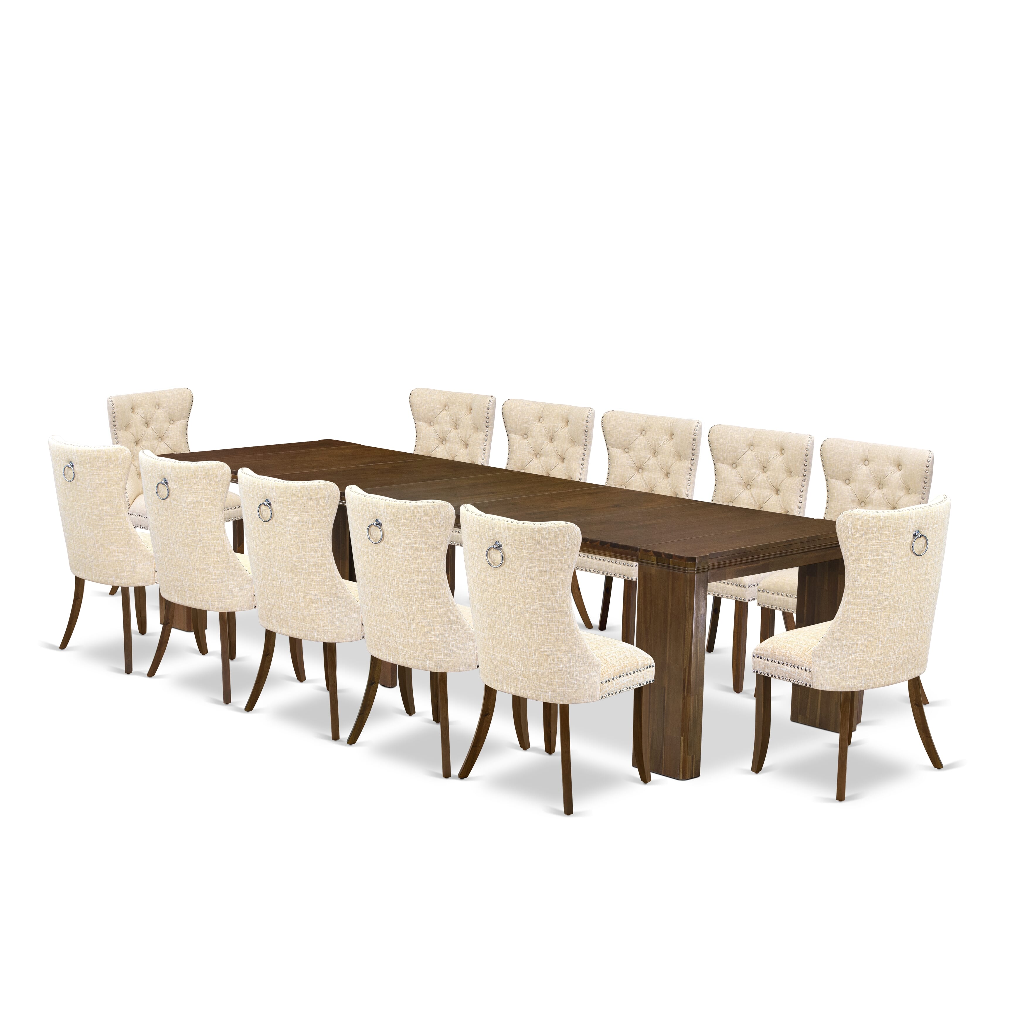 X12DA-008-32-13 Pieces Extendable Dining Set Includes a Rectangle Xtenczar Table and 12 Light Beige Linen Fabric Dining Chairs, Antique Walnut