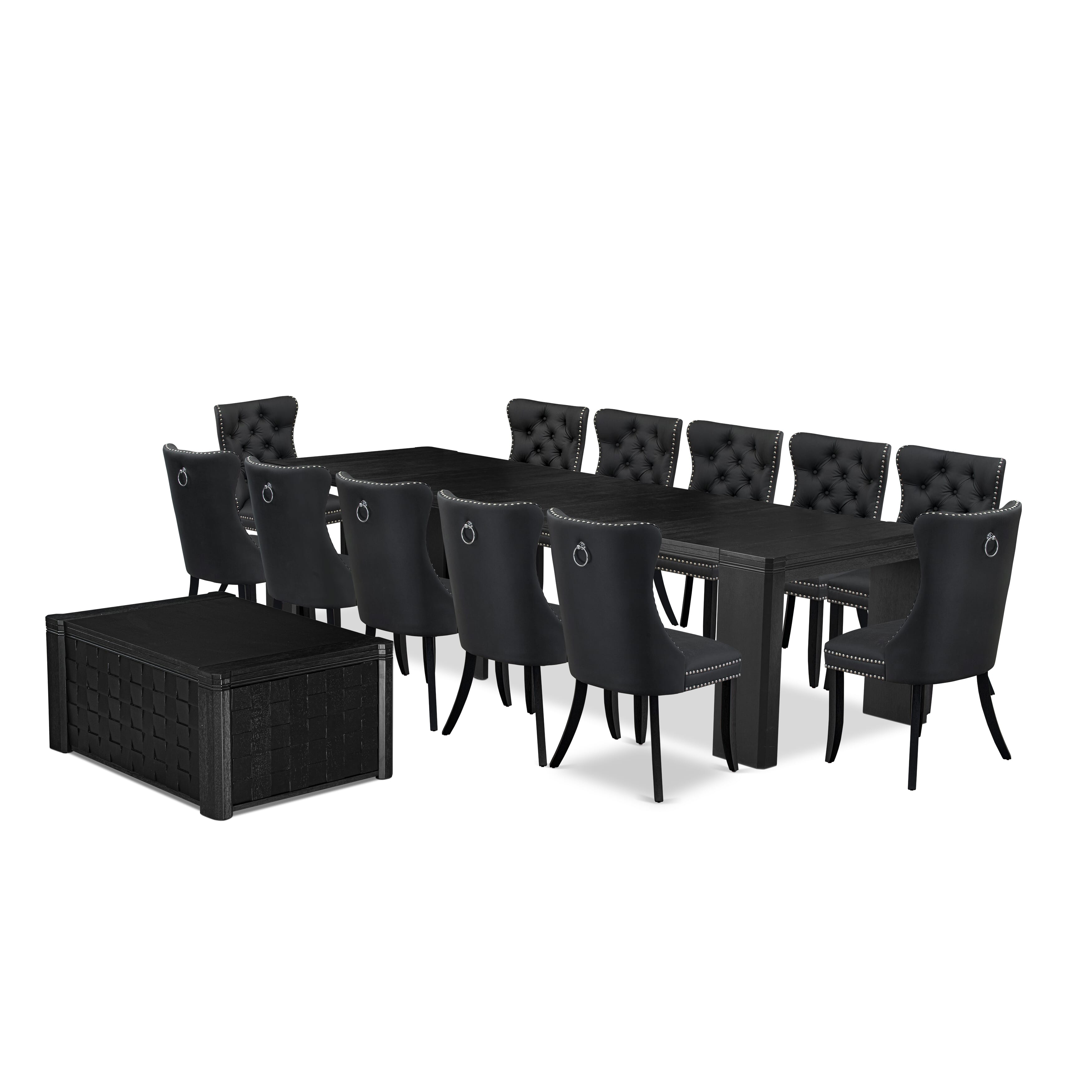 X12DA-0C6-12 14-piece Xtenczar Kitchen Table Set a Rectangular Xtenczar Dining Table with a coffee Table and 12 Dark Grey Faux Leather Dining Chairs, Wire Brushed Black