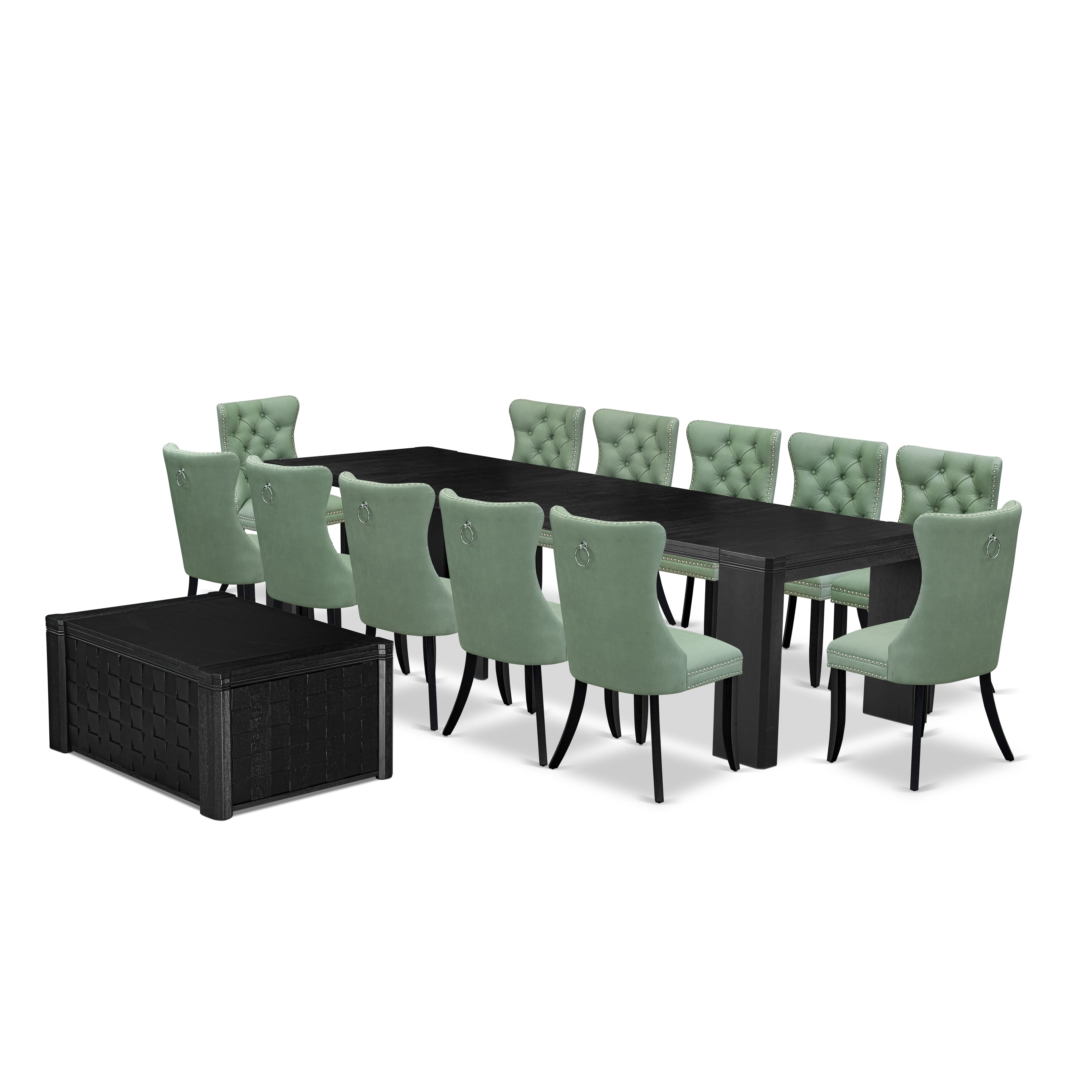 X12DA-0C6-22 14-piece Xtenczar Dining Table Set a Rectangular Kitchen Table with a coffee Table and 12 Willow Green Faux Leather Dining Chair, Wire Brushed Black