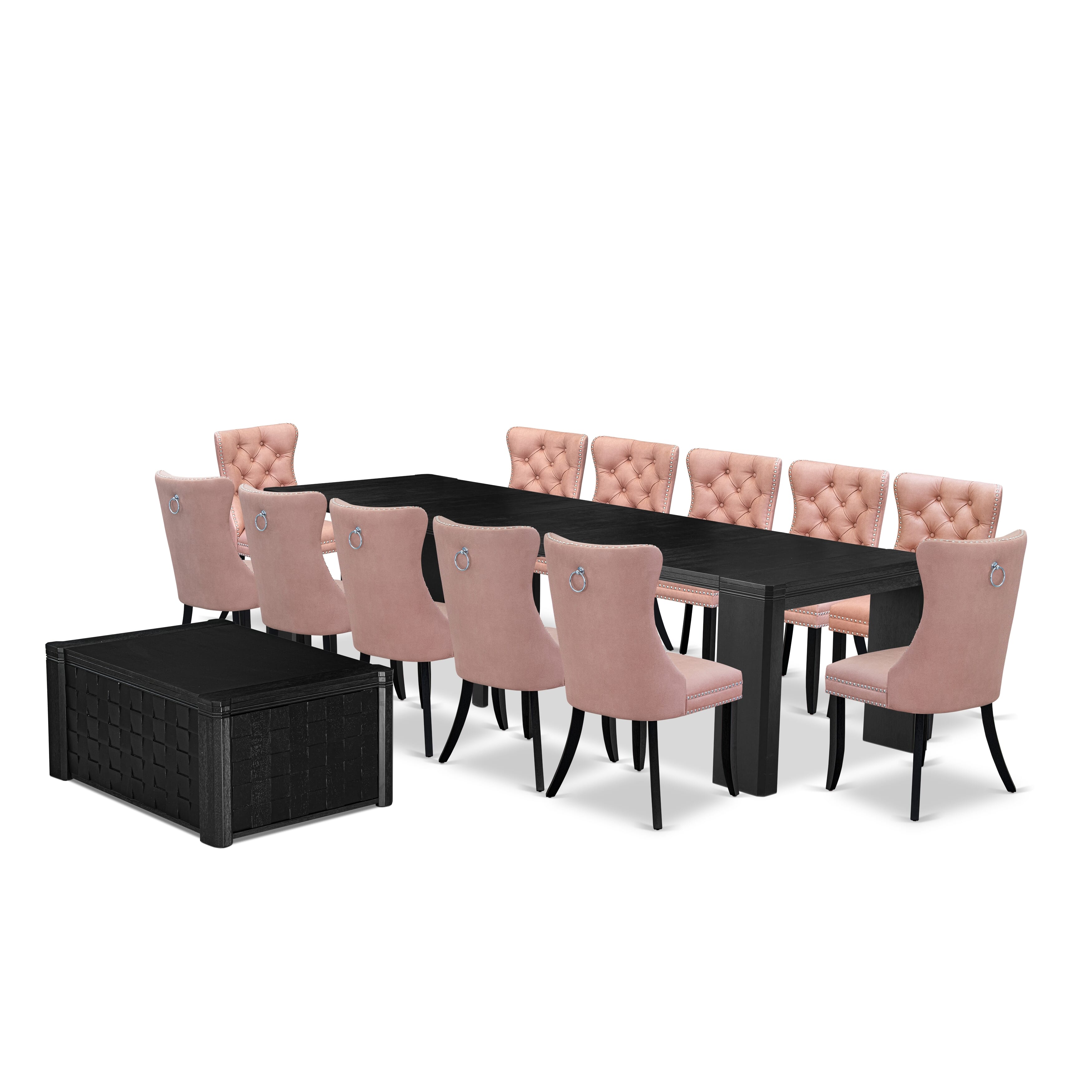 X12DA-0C6-23 14-piece Dining Table Set a Rectangular Xtenczar Dining Table with a coffee Table and 12 Beige Red Faux Leather Kitchen Chair, Wire Brushed Black