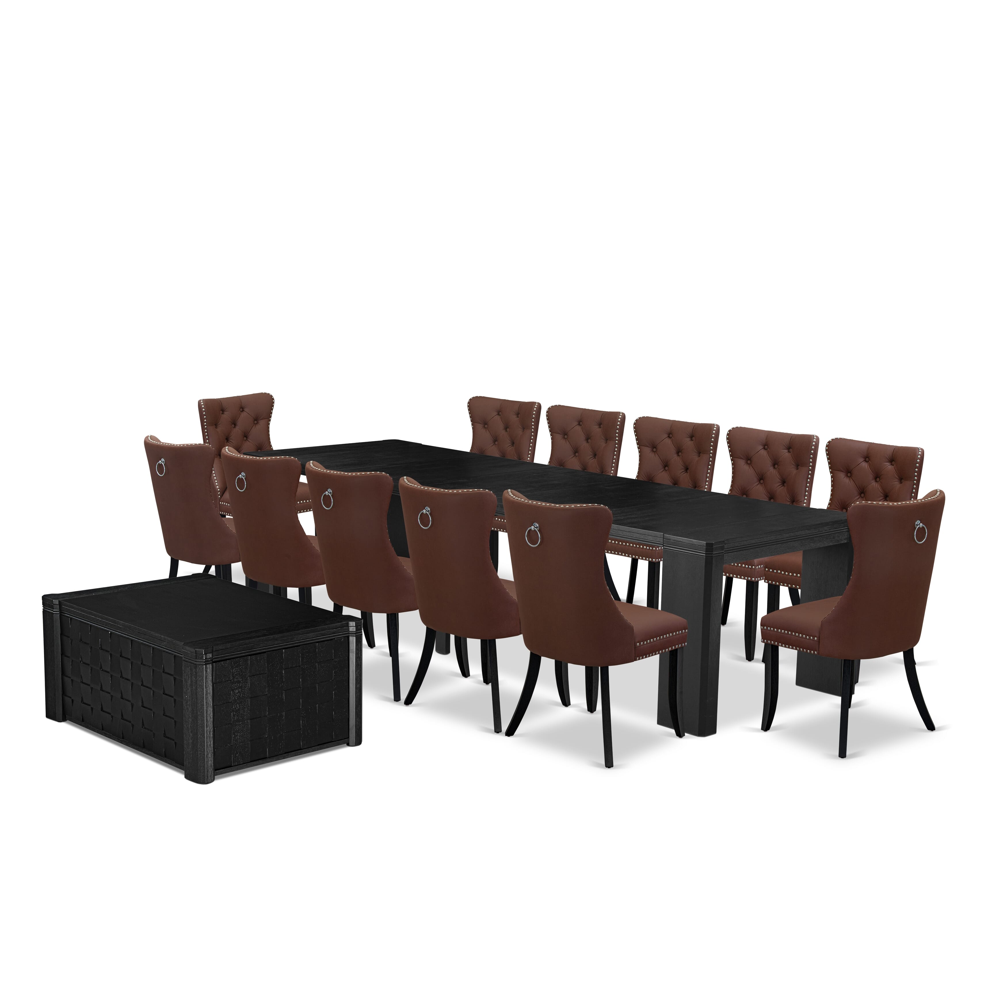 X12DA-0C6-26 14-piece Xtenczar Dining Table Set a Rectangular Kitchen Table with a coffee Table and 12 Burgundy Faux Leather Dining Room Chair, Wire Brushed Black