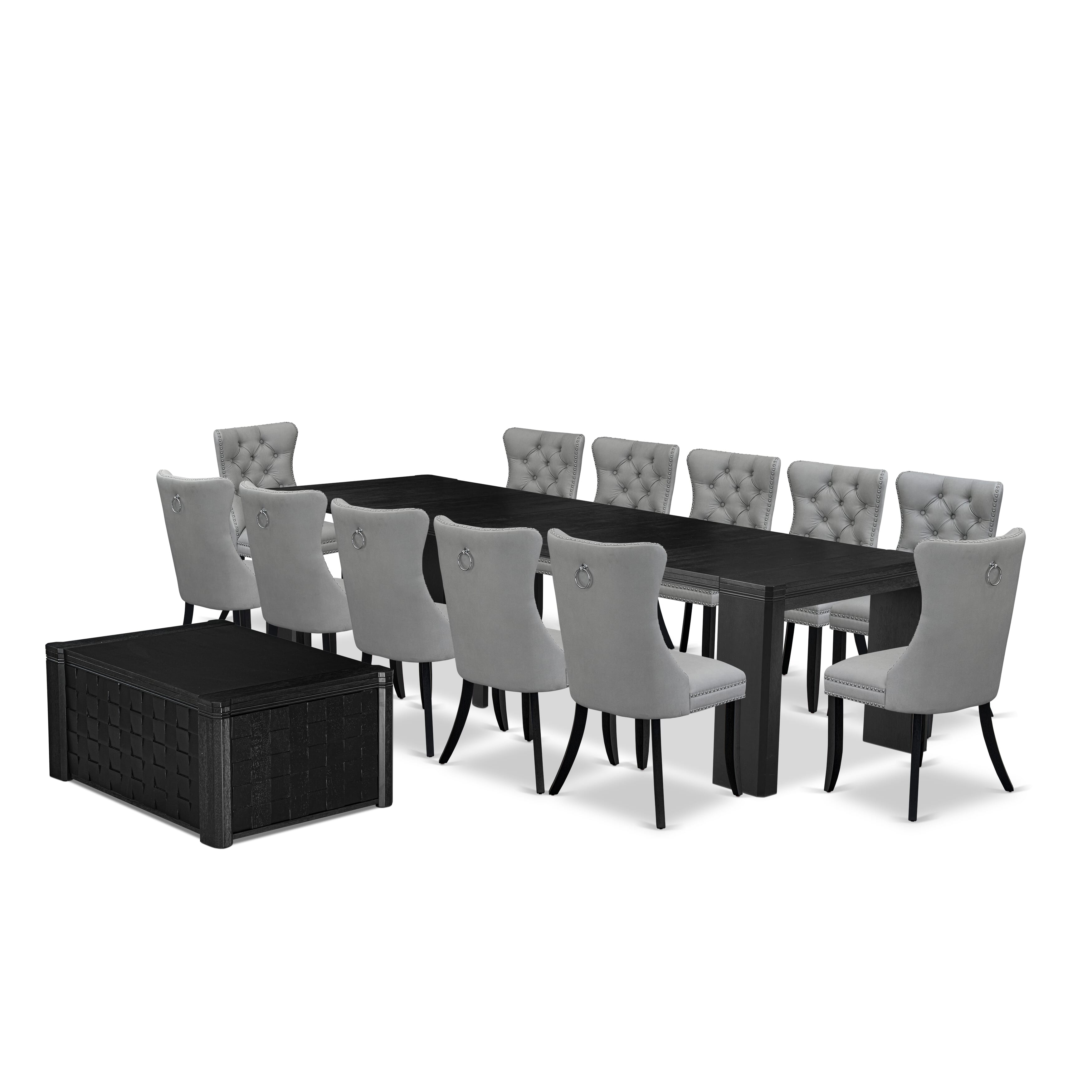 X12DA-0C6-27 14-piece dinner Xtenczar Table Set a rectangular modern kitchen table, a coffee table and 12 Light Gray Faux Leather upholstered chair, Wire Brushed Black