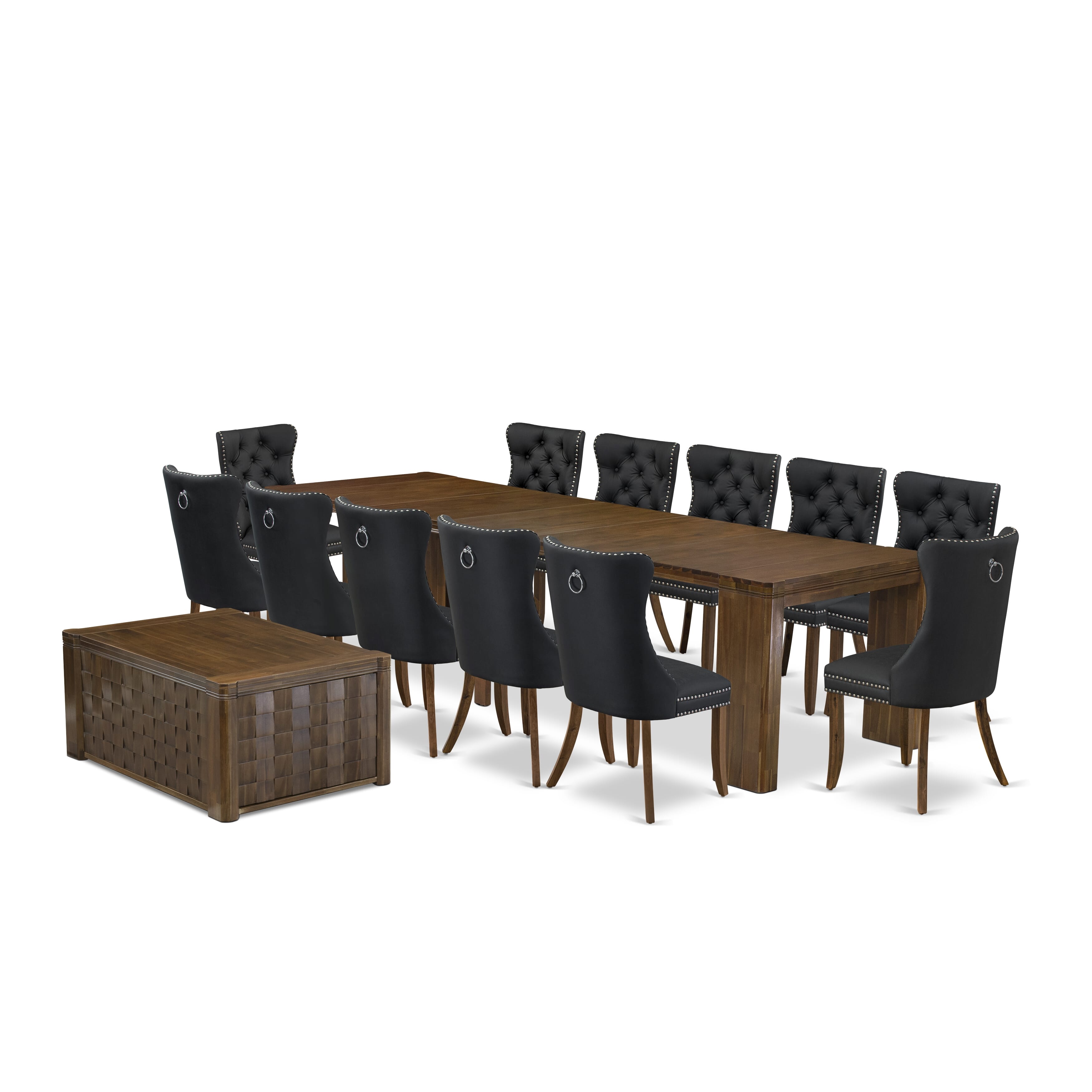 X12DA-0C8-12-14 Pieces Extendable Dining Set Includes a Rectangle Xtenczar Dining Table, 1 Coffee Table and 12 Dark Gray Faux Leather Dining Chairs, Antique Walnut
