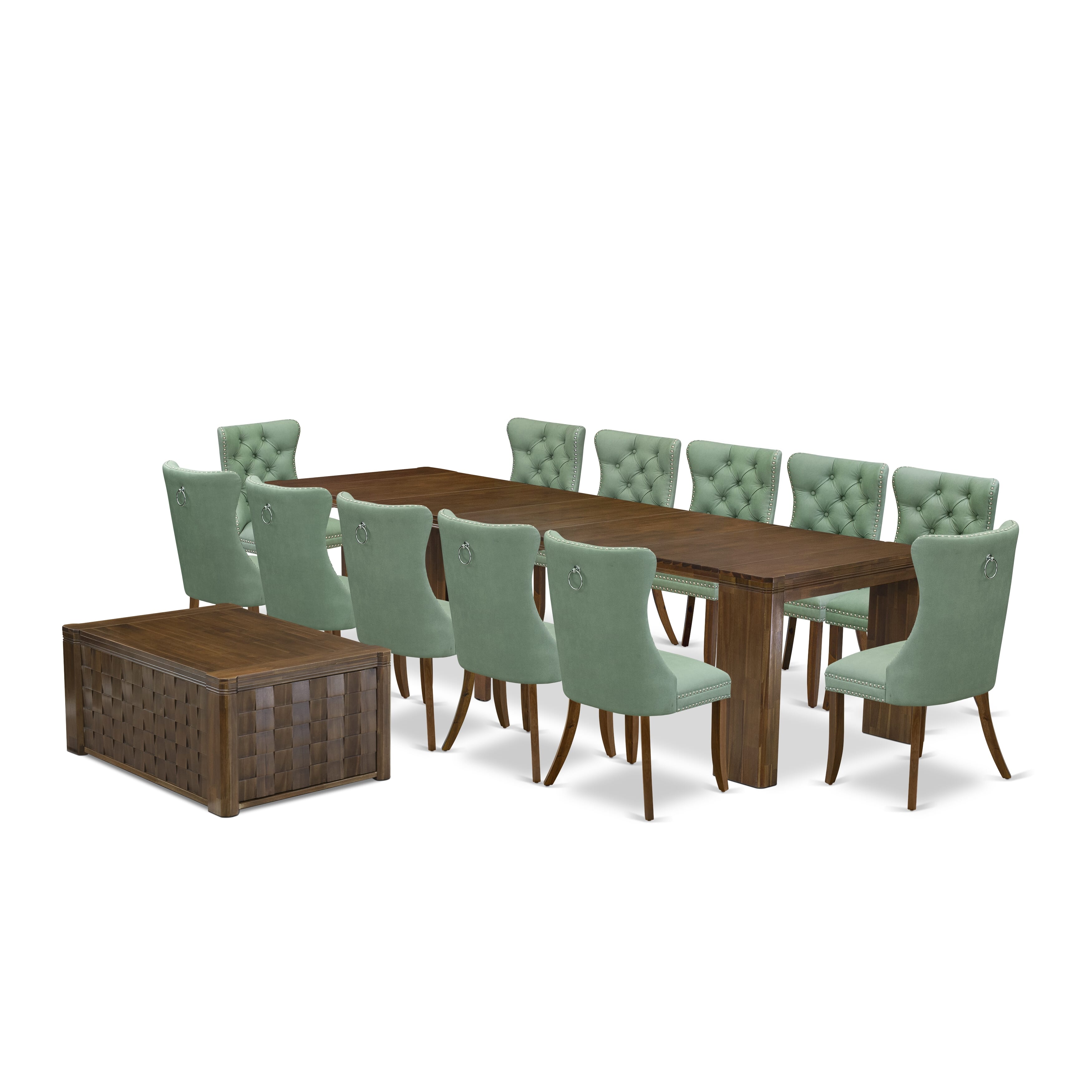 X12DA-0C8-22-14 Pieces Extendable Dining Set Includes a Rectangle Xtenczar Kitchen Table, 1 Coffee Table and 12 Willow Green Faux Leather Dining Chairs, Antique Walnut