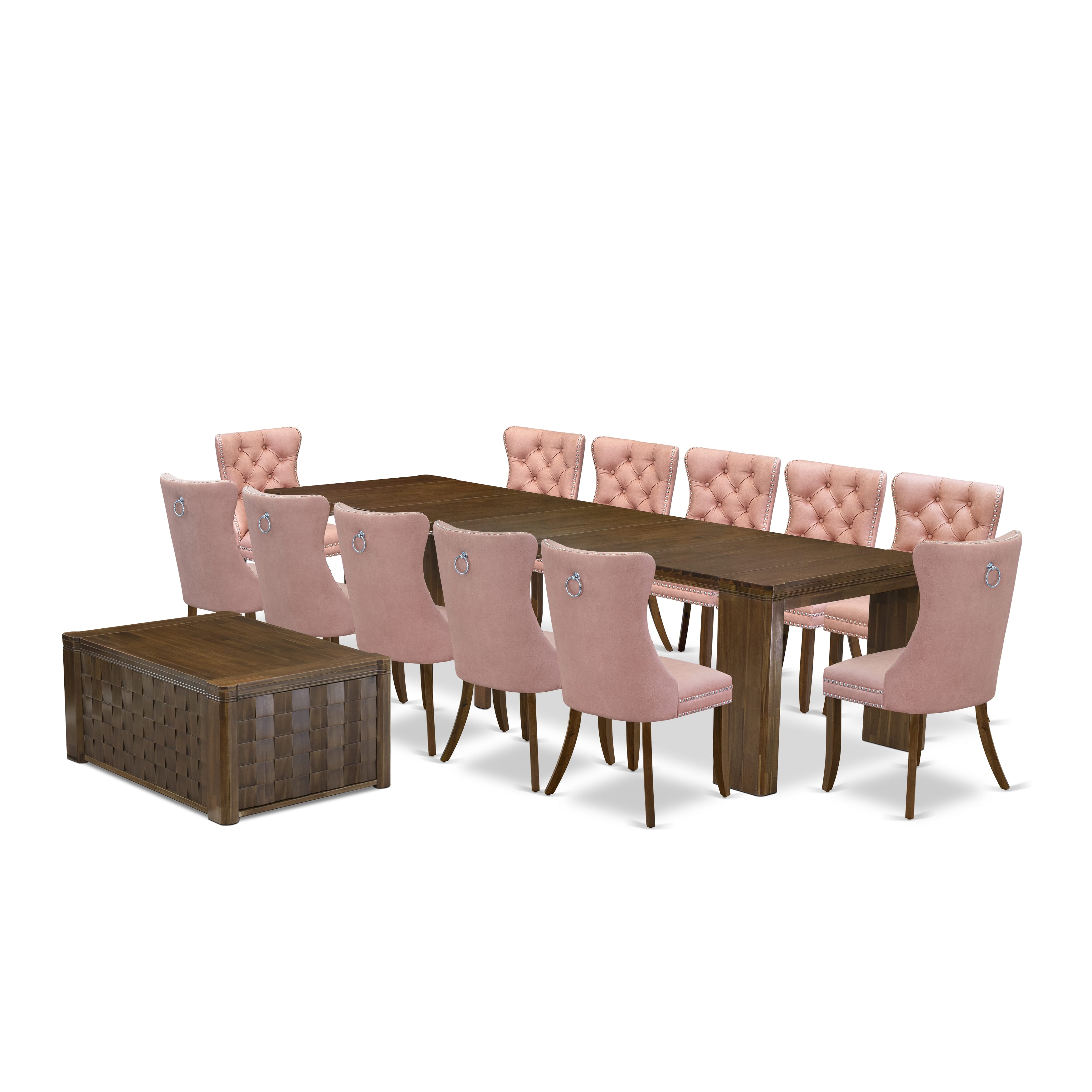 X12DA-0C8-23-14 Pieces Extendable Dining Set Includes a Rectangle Xtenczar Kitchen Table, 1 Coffee Table and 12 Beige Red Faux Leather Dining Chairs, Antique Walnut
