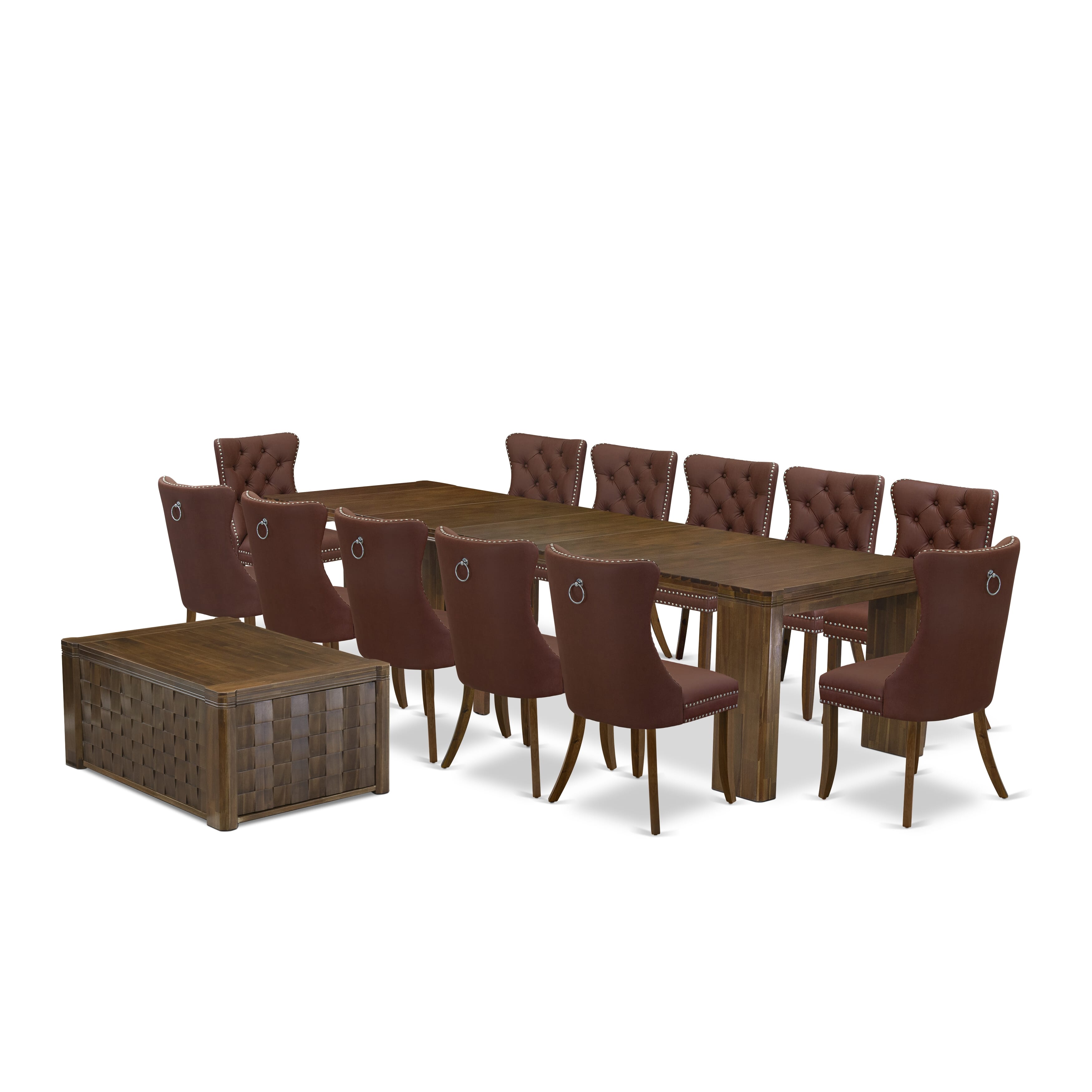 X12DA-0C8-26-14 Pieces Extendable Dining Set Includes a Rectangle Xtenczar Table, 1 Coffee Table and 12 Burgundy Faux Leather Dining Chairs, Antique Walnut