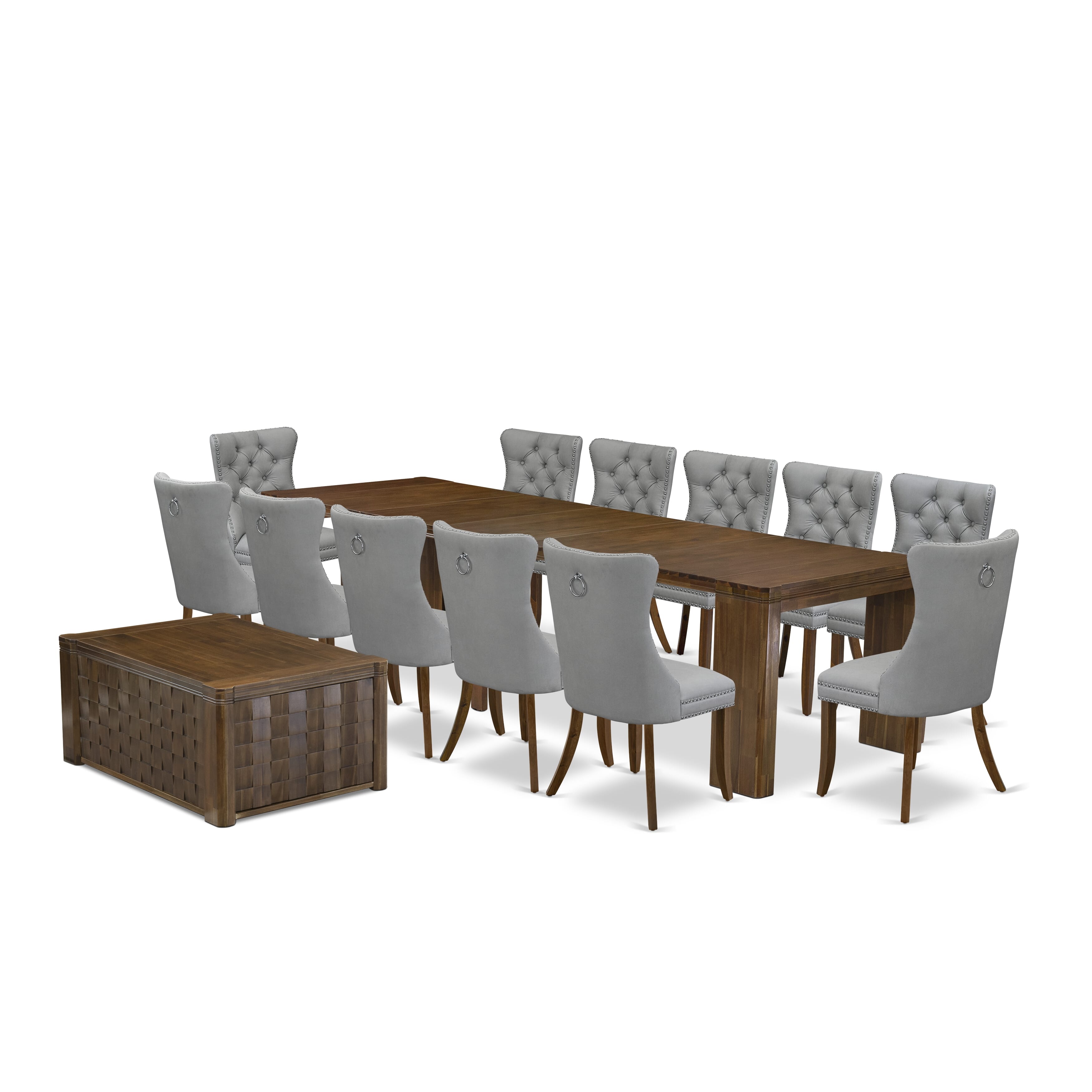 X12DA-0C8-27-14 Pieces Extendable Dining Set Includes a Rectangle Xtenczar Table, 1 Coffee Table and 12 Light Gray Faux Leather Dining Chairs, Antique Walnut