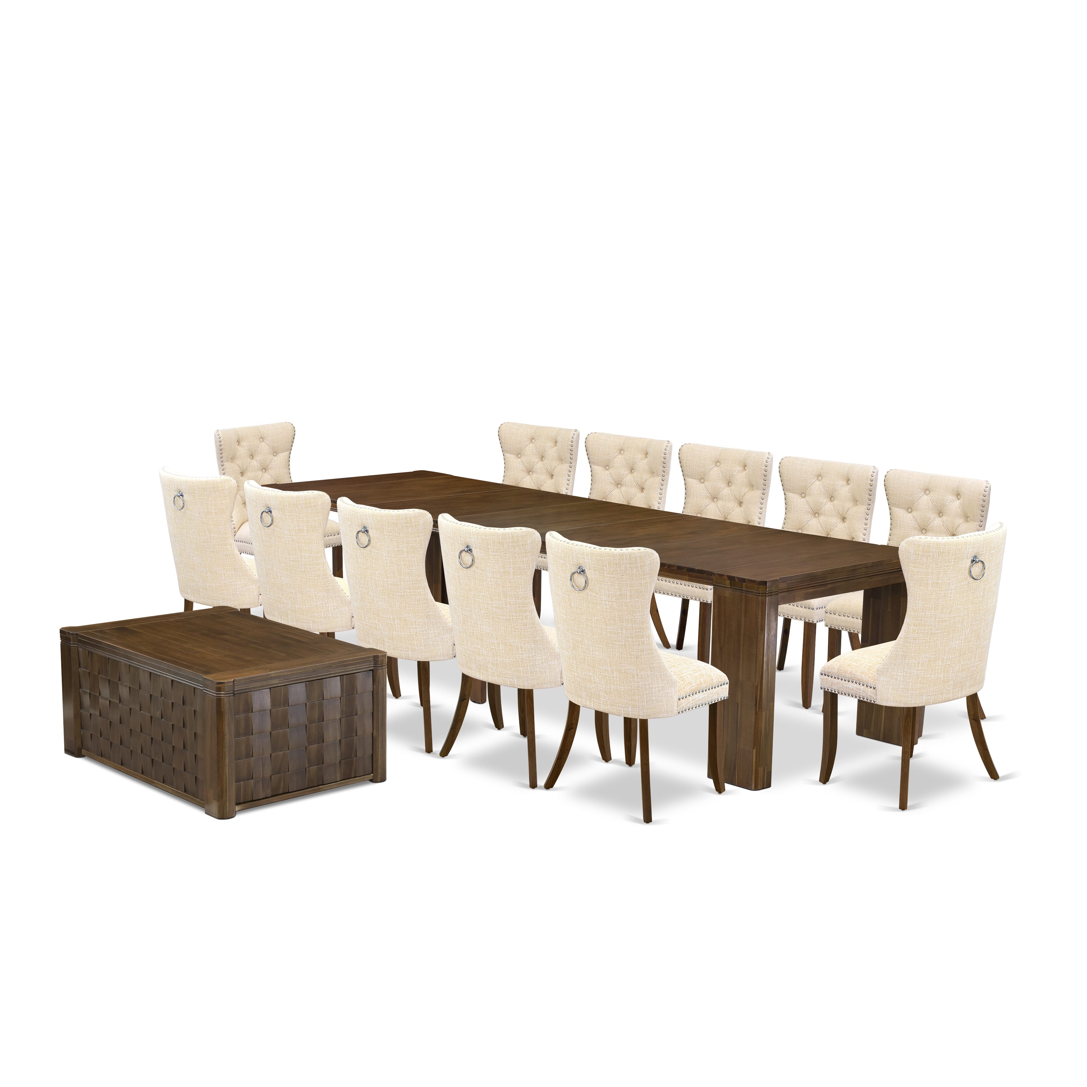 X12DA-0C8-32-14 Pieces Extendable Dining Set Includes a Rectangle Xtenczar Kitchen Table, 1 Coffee Table and 12 Light Beige Linen Fabric Dining Chairs, Antique Walnut