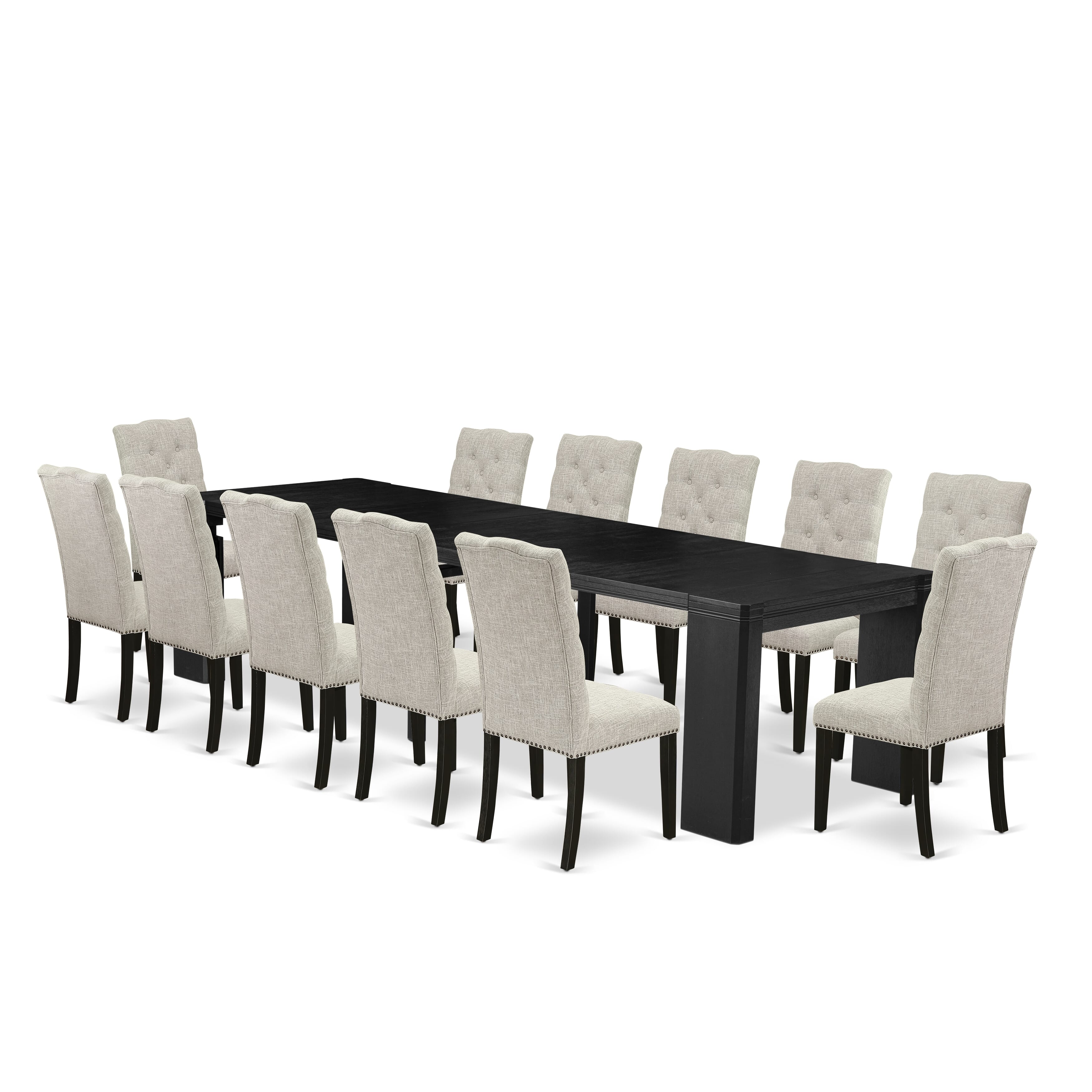 X12EL-006-35 13-piece Xtenczar Modern Xtenczar Dining Table Set a Rectangular Kitchen Table and 12 Doeskin Linen Fabric Dining Chair, Wire Brushed Black