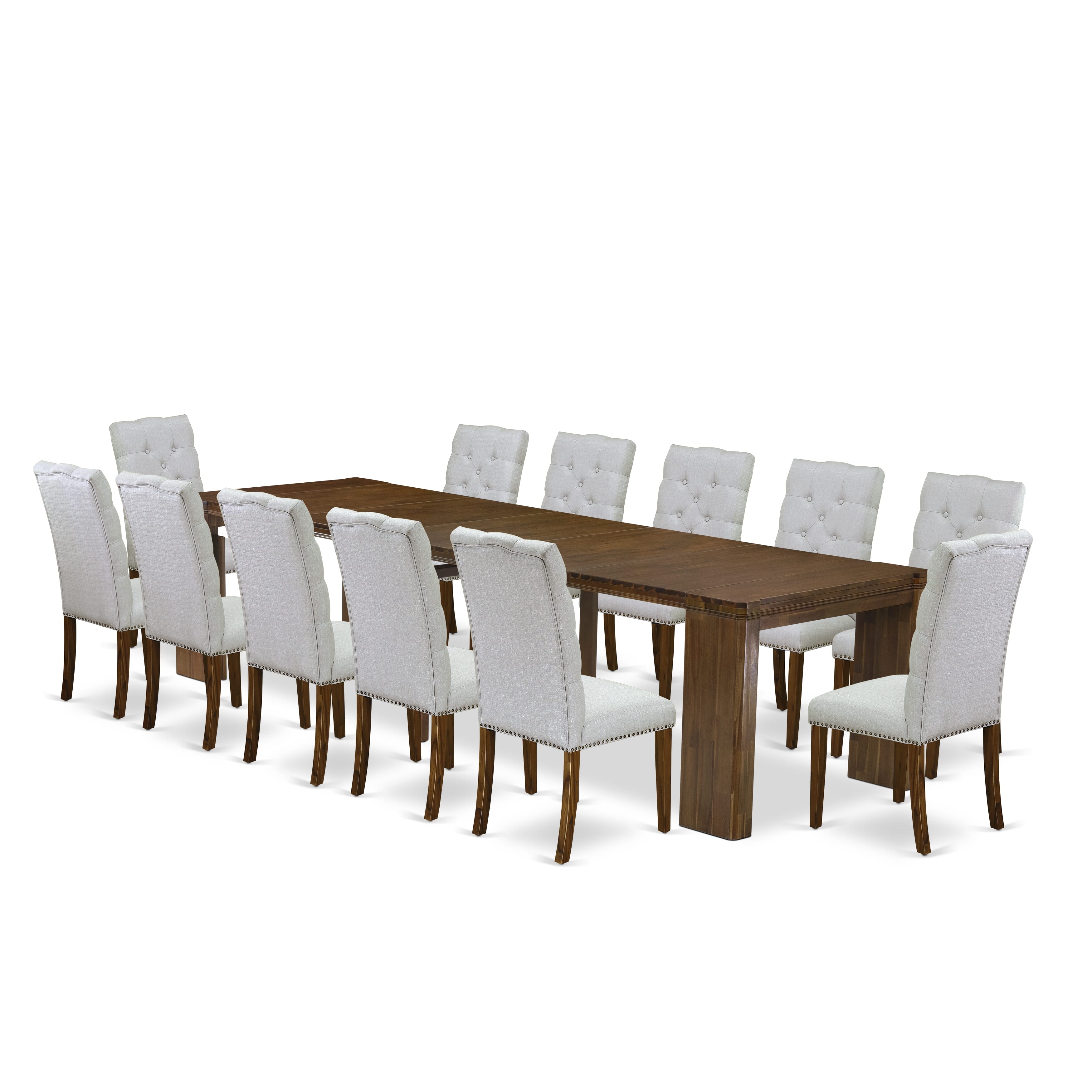 X12EL-008-05-13 Pieces Extendable Dining Set Includes a Rectangle Xtenczar Dining Table and 12 Grey Linen Fabric Dining Chairs, Antique Walnut