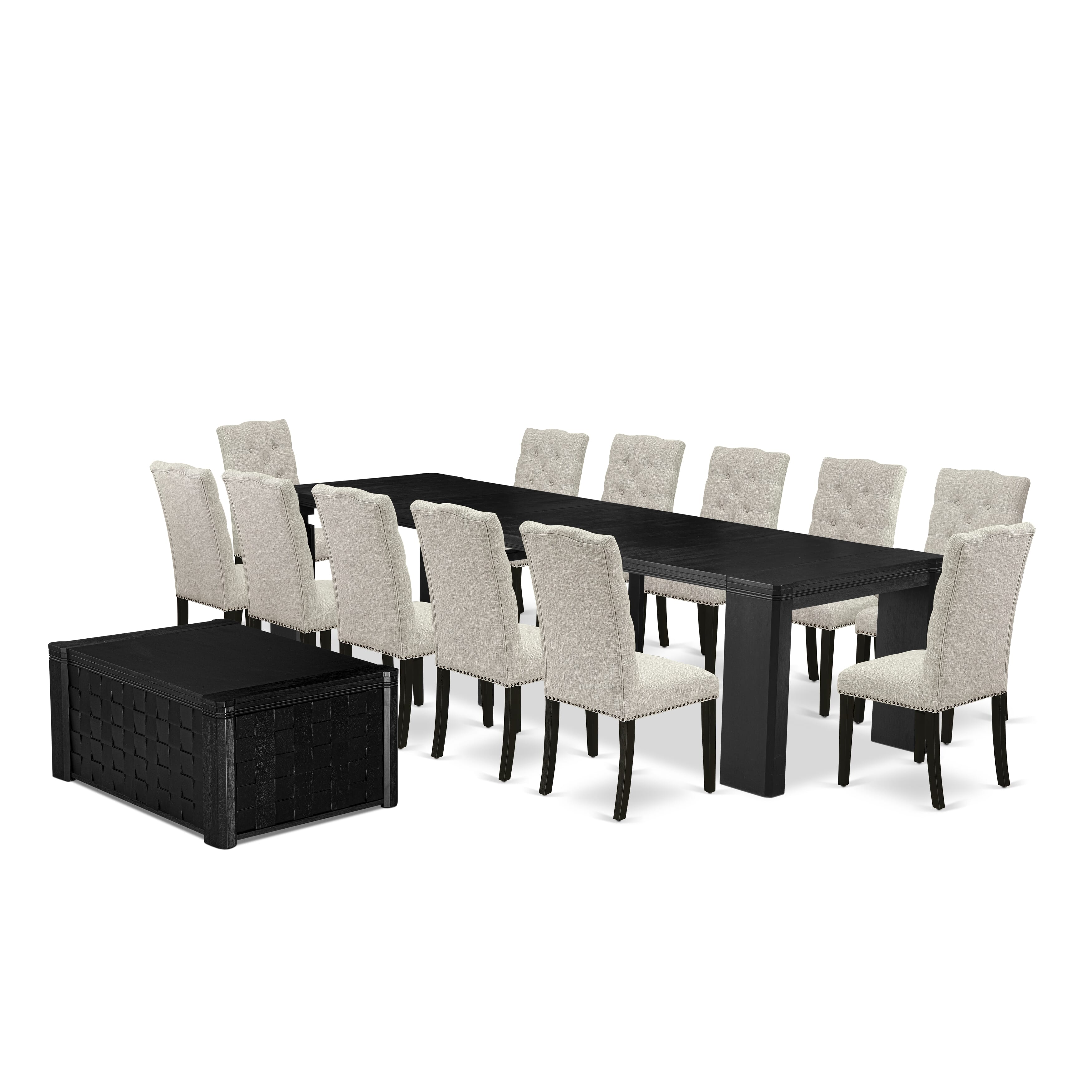 X12EL-0C6-35 14-piece Xtenczar Dining Table Set a Rectangular Xtenczar Dining Table with a coffee Table and 12 Doeskin Linen Fabric Kitchen Chair, Wire Brushed Black