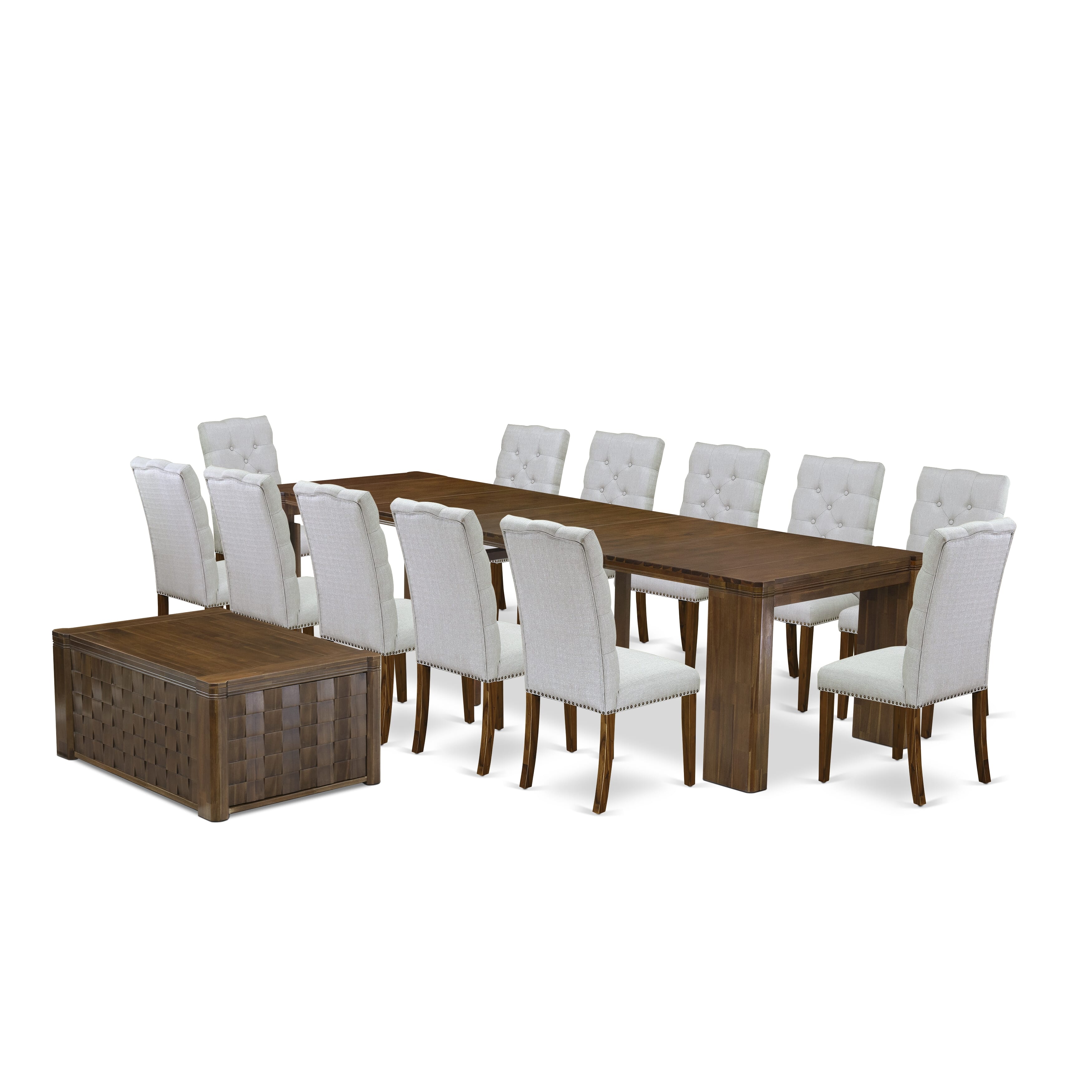 X12EL-0C8-05-14 Pieces Extendable Dining Set Includes a Rectangle Xtenczar Dining Table, 1 Coffee Table and 12 Grey Linen Fabric Dining Chairs, Antique Walnut