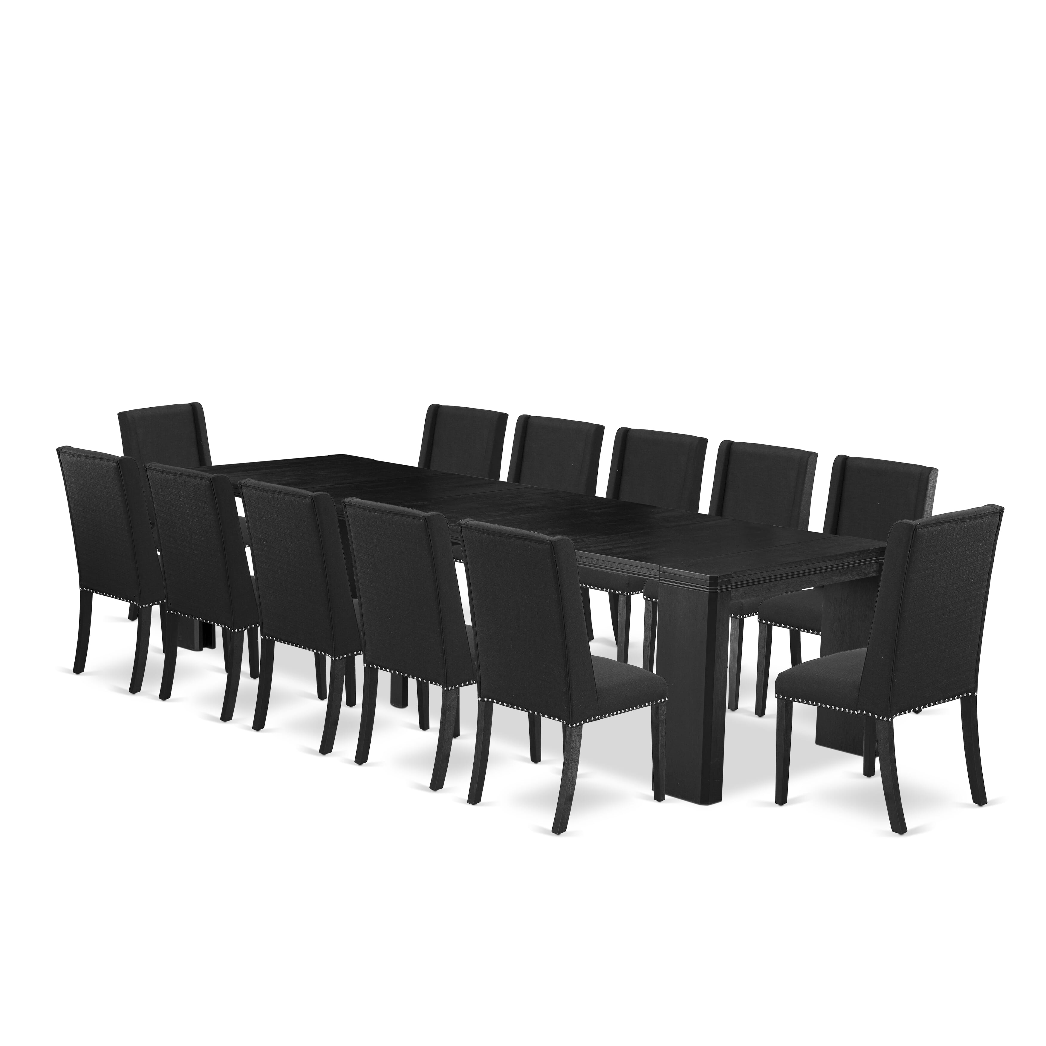 X12FL-006-24 13-piece Xtenczar Modern Xtenczar Dining Table Set a Rectangular Kitchen Table and 12 Black Linen Fabric Dining Chair, Wire Brushed Black