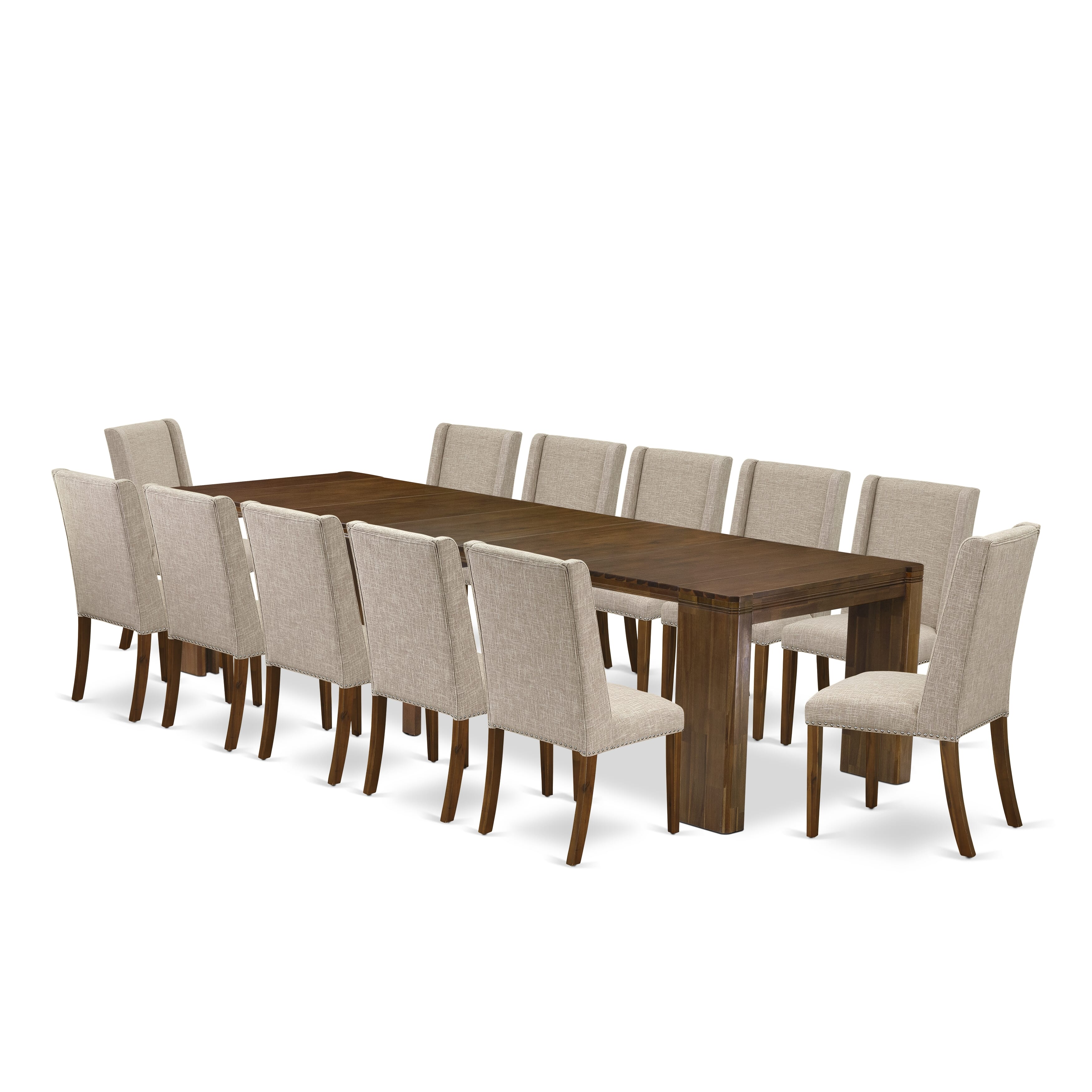 X12FL-008-04-13 Pieces Extendable Dining Set Includes a Rectangle Xtenczar Table and 12 Light Tan Linen Fabric Dining Chairs, Antique Walnut