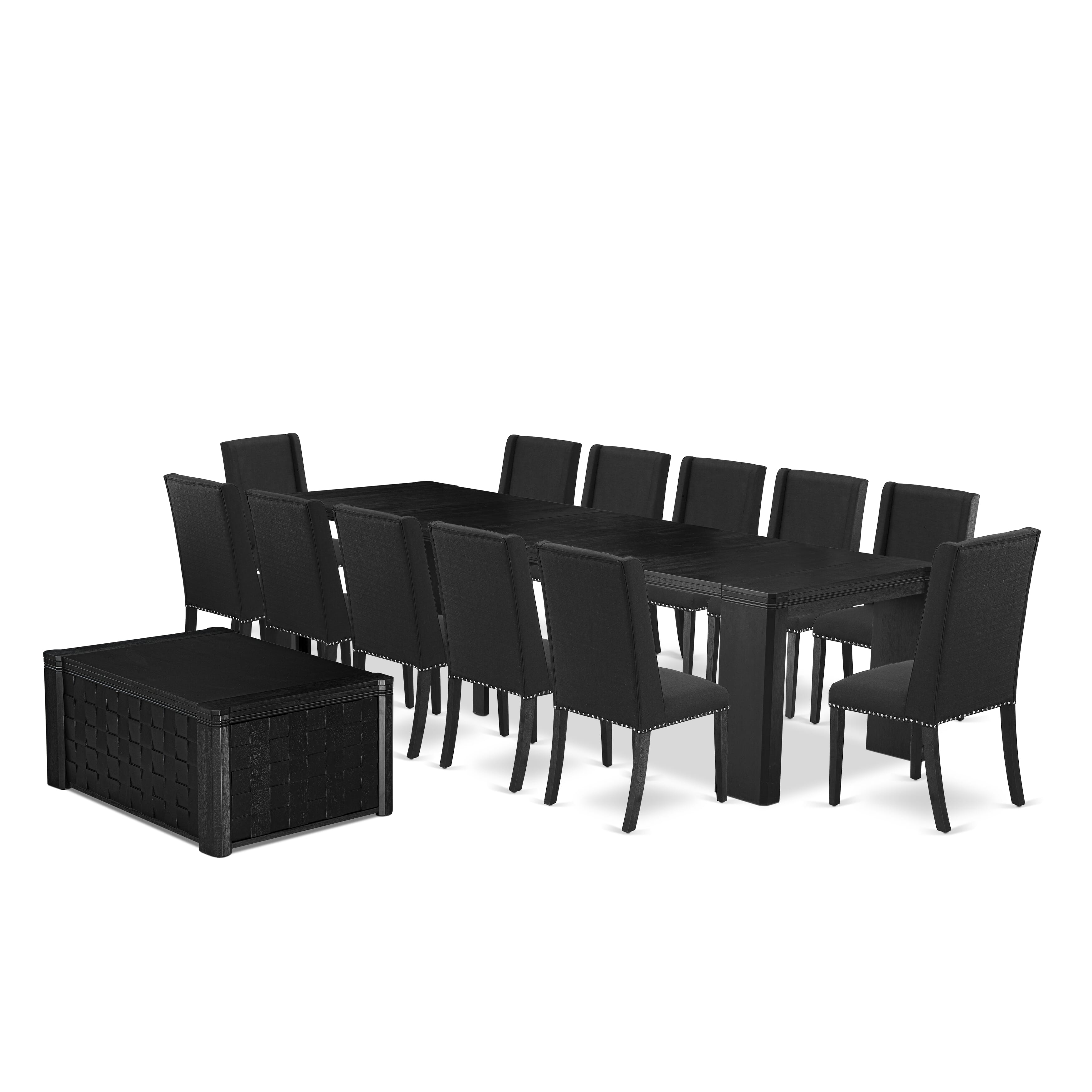 X12FL-0C6-24 14-piece Xtenczar Dining Table Set a Rectangular Kitchen Table with a coffee Table and 12 Black Linen Fabric Dining Chair, Wire Brushed Black