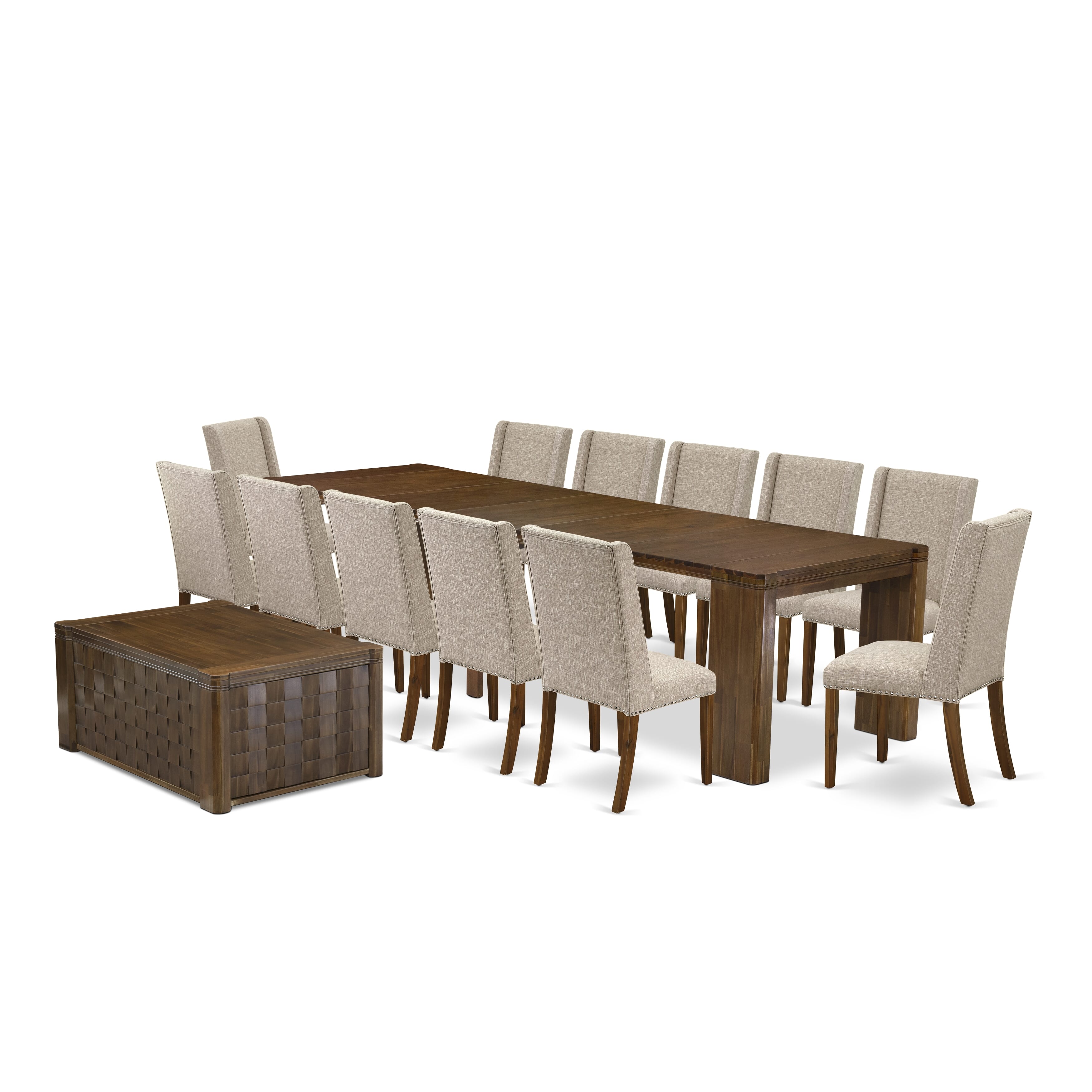 X12FL-0C8-04-14 Pieces Extendable Dining Set Includes a Rectangle Xtenczar Table, 1 Coffee Table and 12 Light Tan Linen Fabric Dining Chairs, Antique Walnut