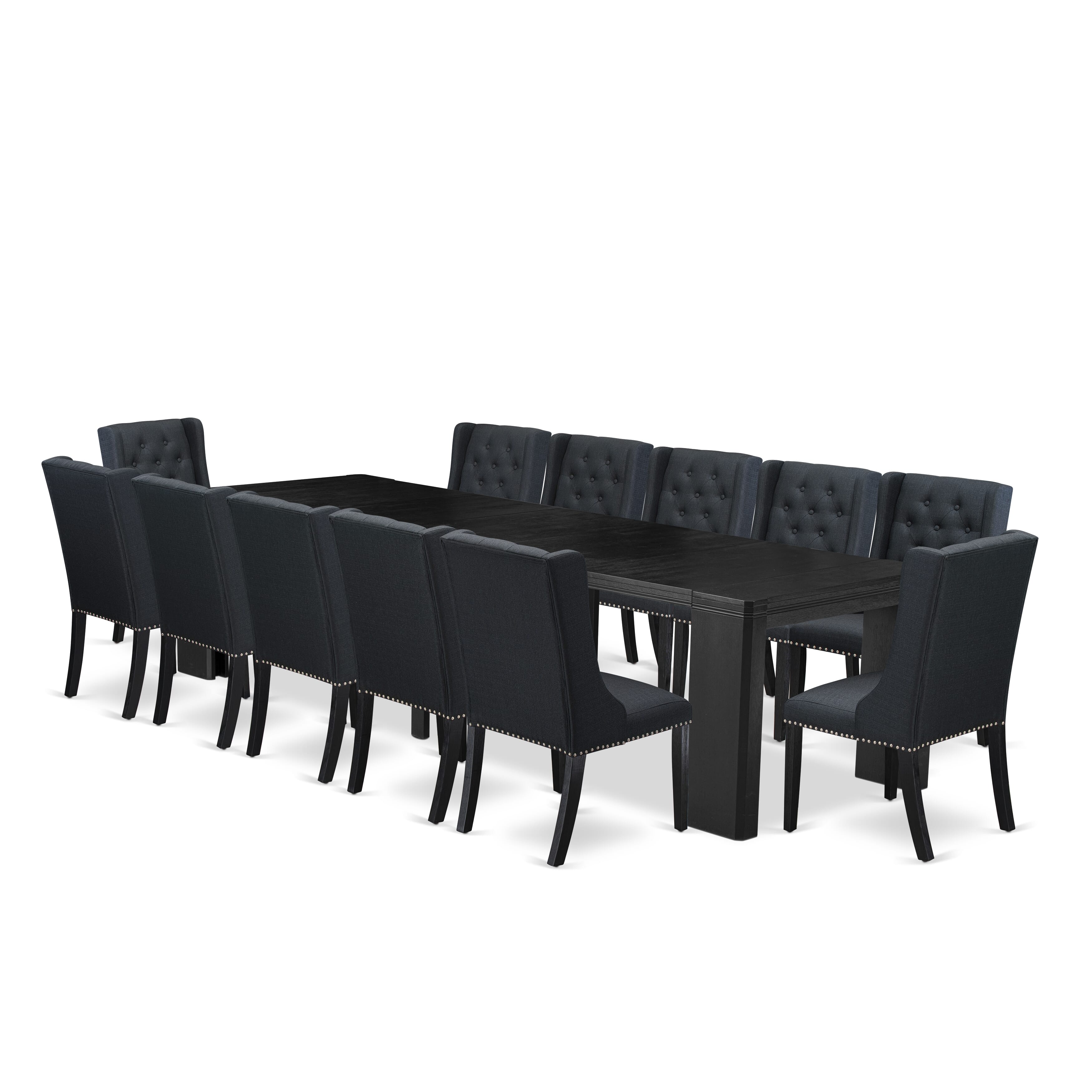 X12FO-006-24 13-piece Xtenczar Dining Table Set a Rectangular Kitchen Table and 12 Black Linen Fabric Dining Chair, Wire Brushed Black