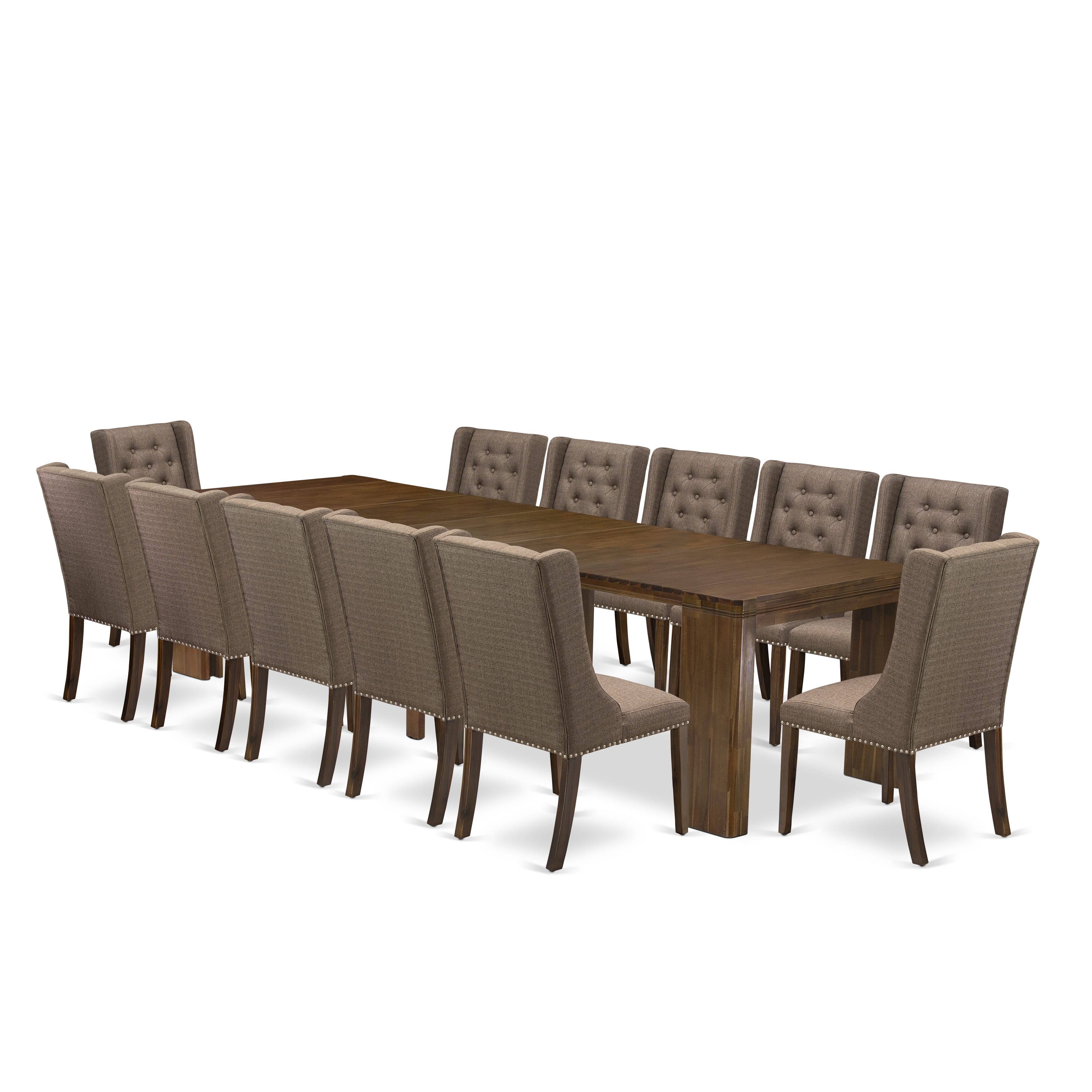 X12FO-008-18-13 Pieces Extendable Dining Set Includes a Rectangle Xtenczar Dining Table and 12 Brown Linen Fabric Dining Chairs, Antique Walnut
