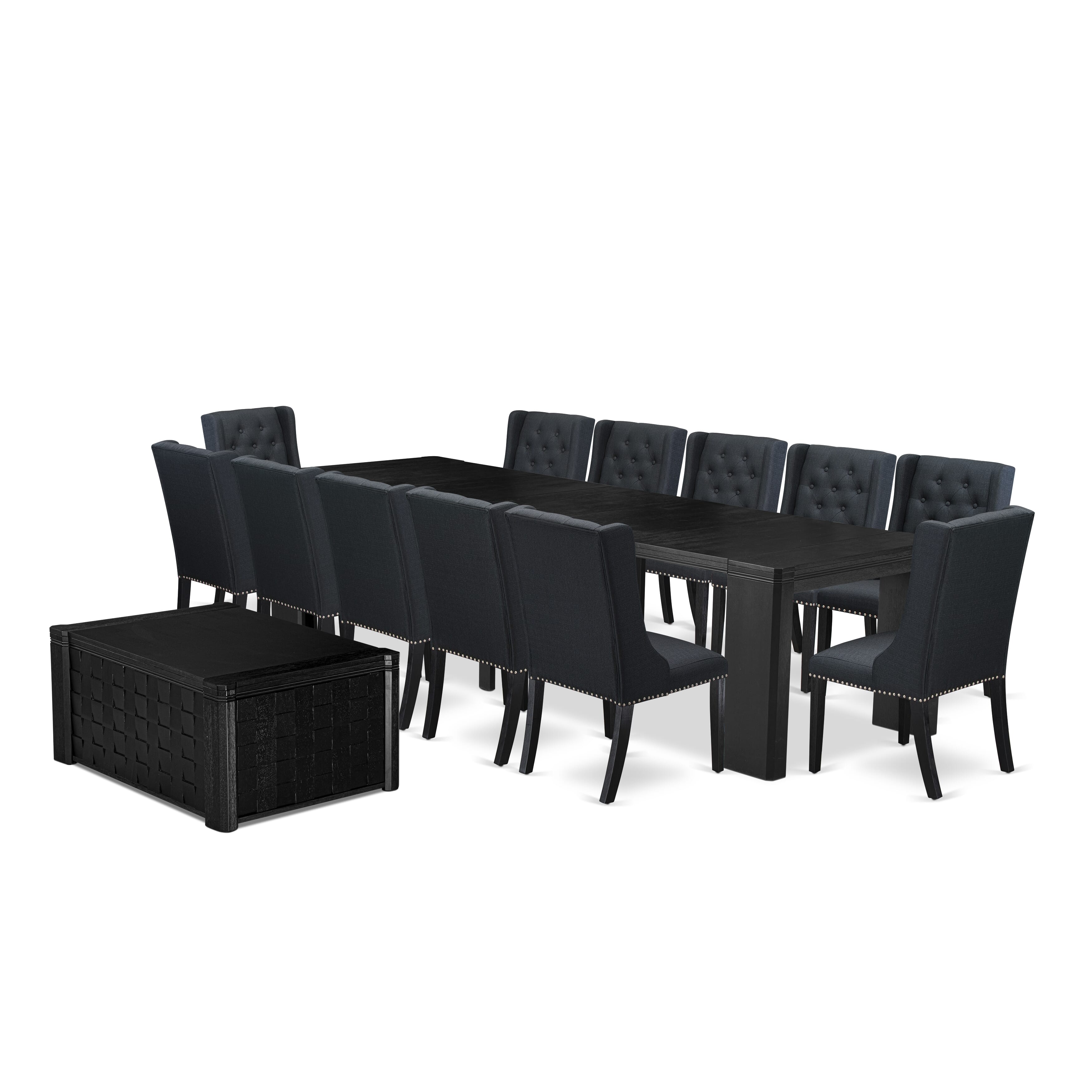 X12FO-0C6-24 14-piece Xtenczar Dining Table Set a Rectangular Xtenczar Dining Table with a coffee Table and 12 Black Linen Fabric kitchen Chair, Wire Brushed Black