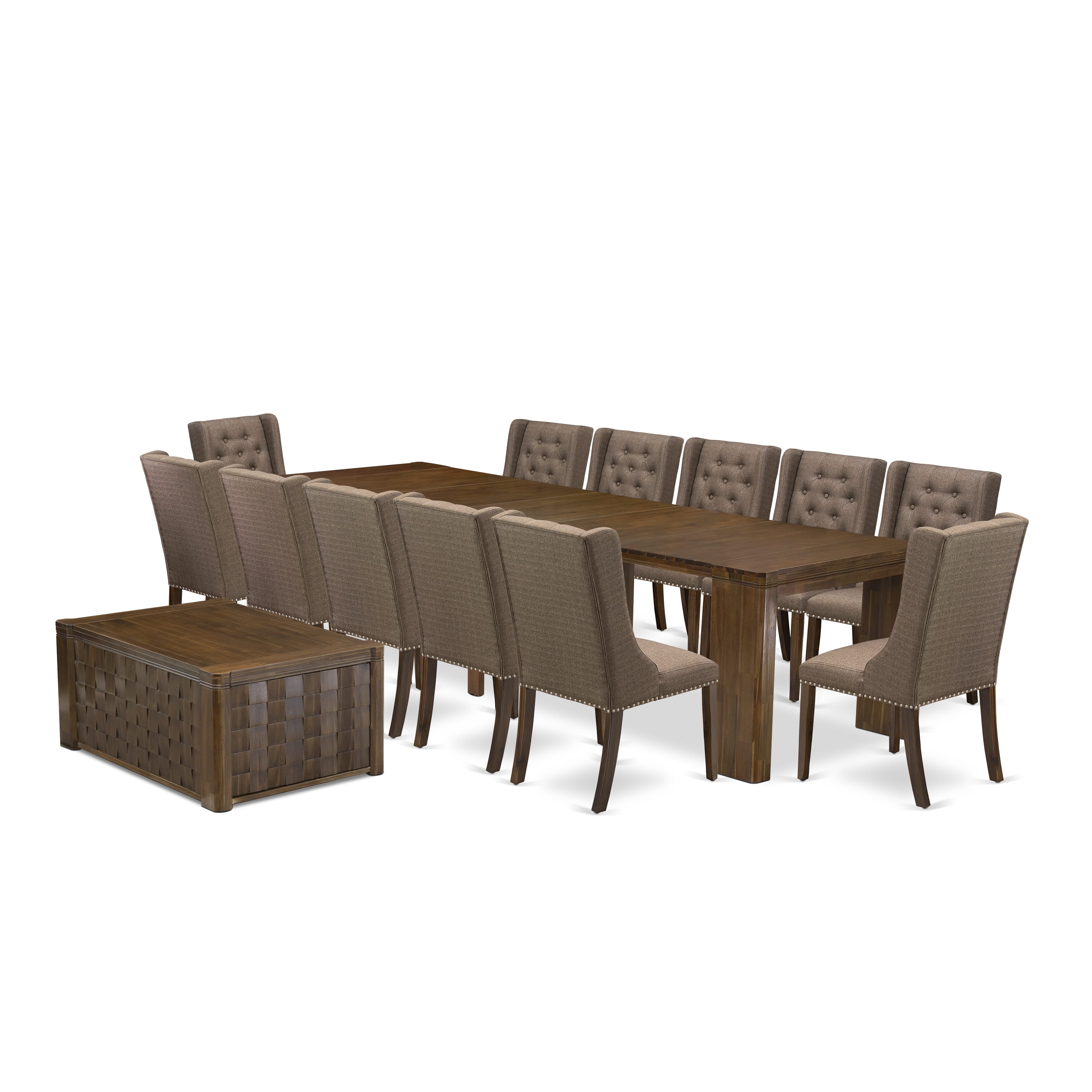 X12FO-0C8-18-14 Pieces Extendable Dining Set Includes a Rectangle Xtenczar Dining Table, 1 Coffee Table and 12 Brown Linen Fabric Dining Chairs, Antique Walnut