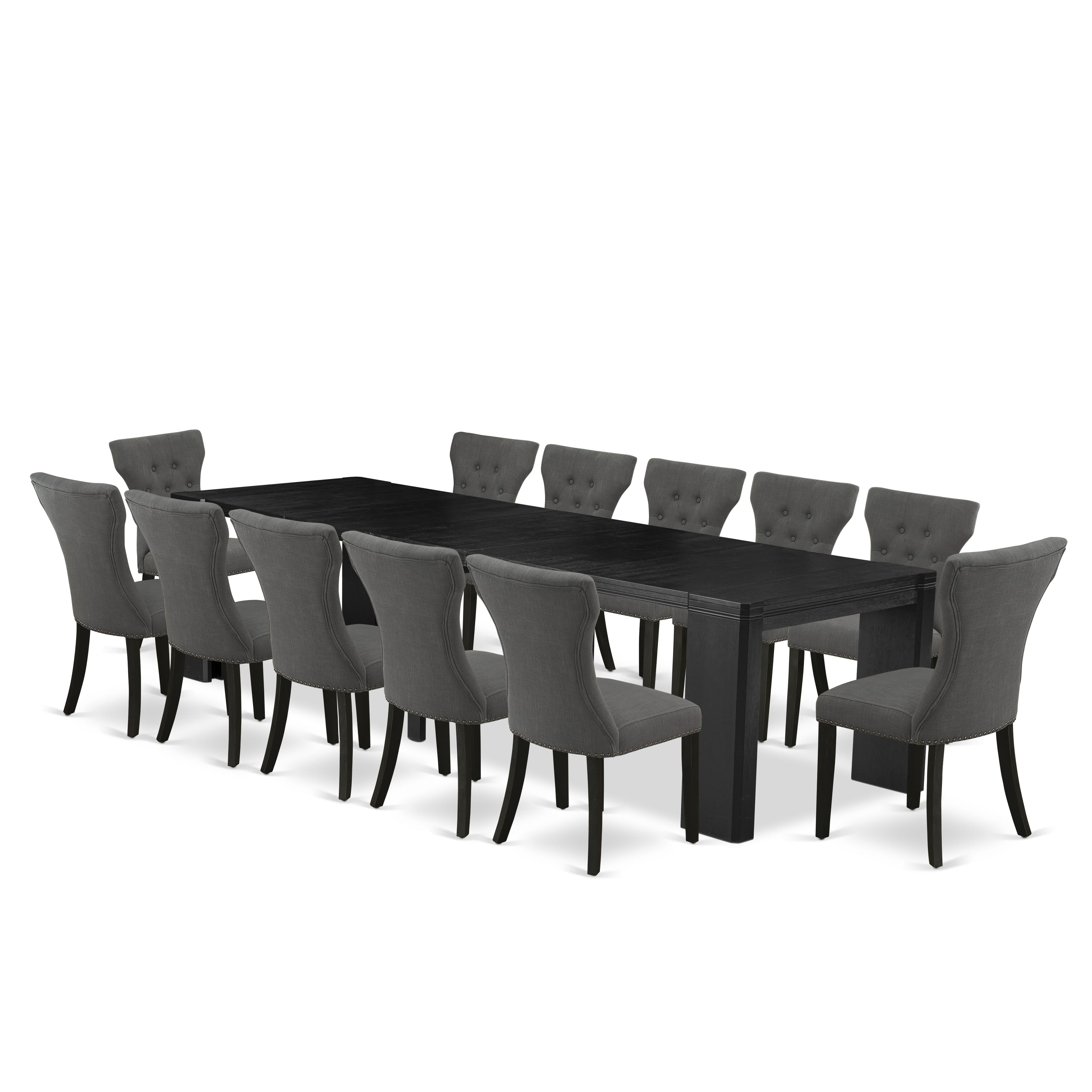 X12GA-006-50 13-piece Xtenczar Modern Xtenczar Dining Table Set a Rectangular Kitchen Table and 12 Dark Gotham Grey Linen Fabric Dining Chair, Wire Brushed Black