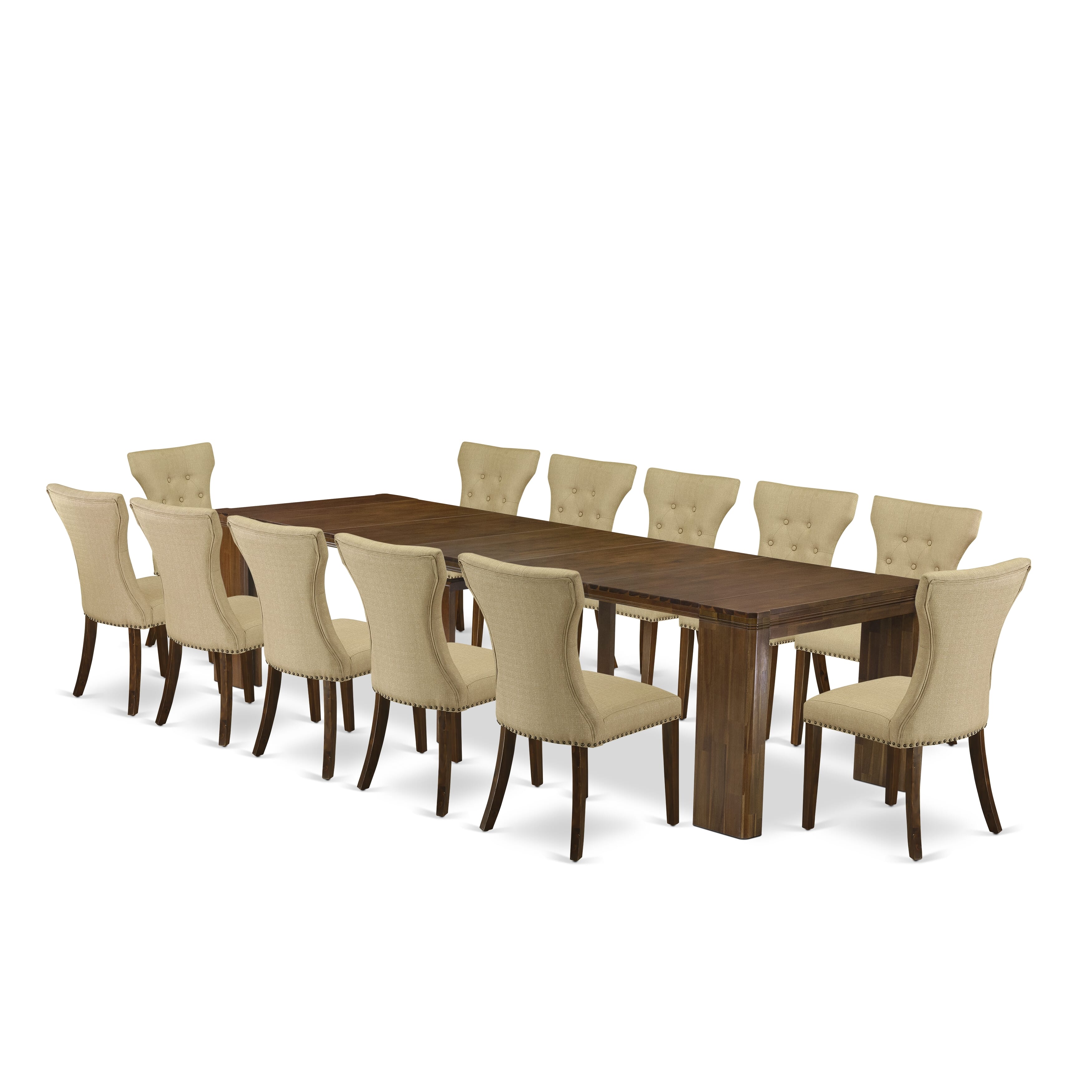 X12GA-008-03-13 Pieces Extendable Dining Set Includes a Rectangle Xtenczar Table and 12 Brown Linen Fabric Dining Chairs, Antique Walnut