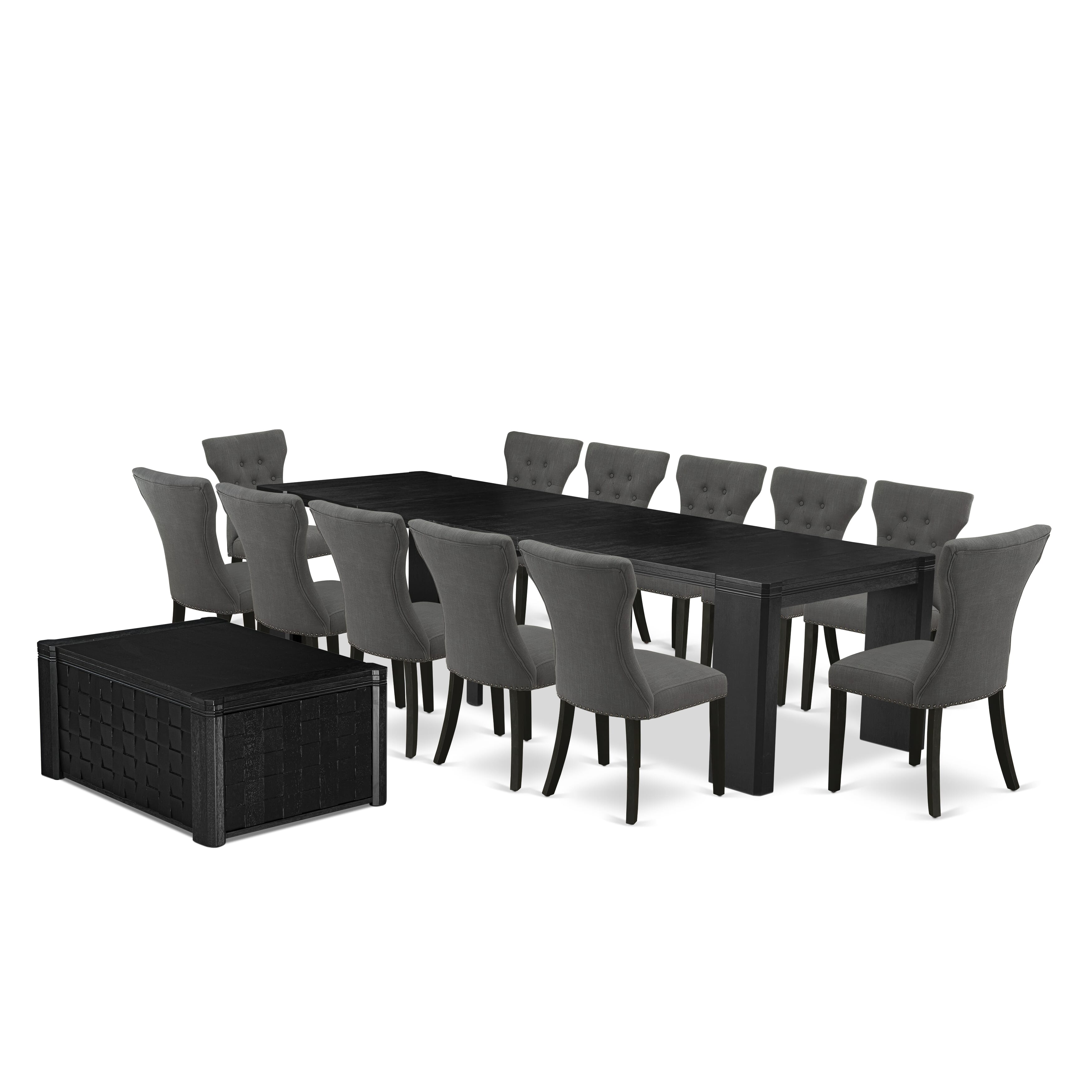 X12GA-0C6-50 14-piece Xtenczar Dining Table Set a Rectangular Kitchen Table with a coffee Table and 12 Dark Gotham Grey Linen Fabric Dining Chair, Wire Brushed Black