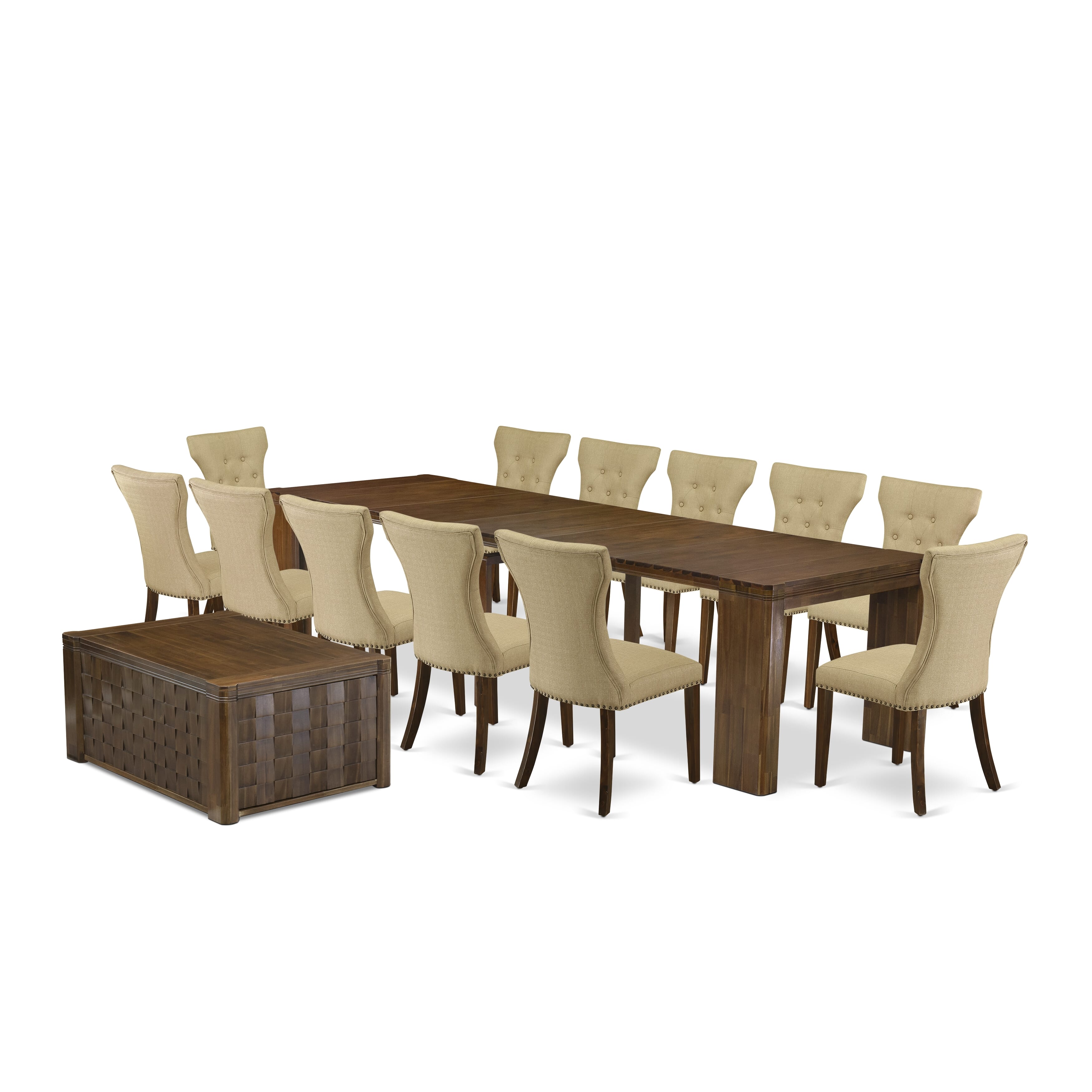 X12GA-0C8-03-14 Pieces Extendable Dining Set Includes a Rectangle Xtenczar Table, 1 Coffee Table and 12 Brown Linen Fabric Dining Chairs, Antique Walnut
