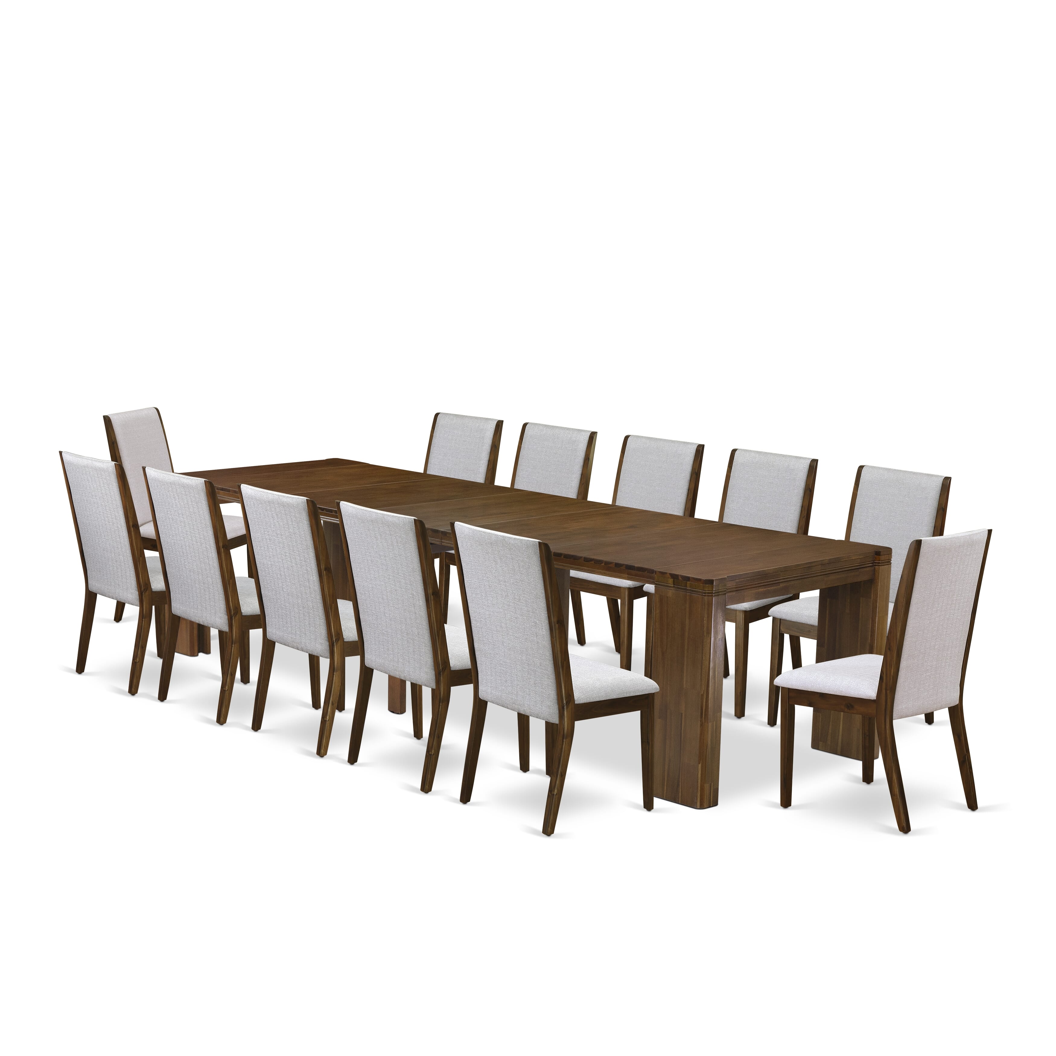 X12LA-008-05-13 Pieces Extendable Dining Set Includes a Rectangle Xtenczar Table and 12 Grey Linen Fabric Dining Chairs, Antique Walnut