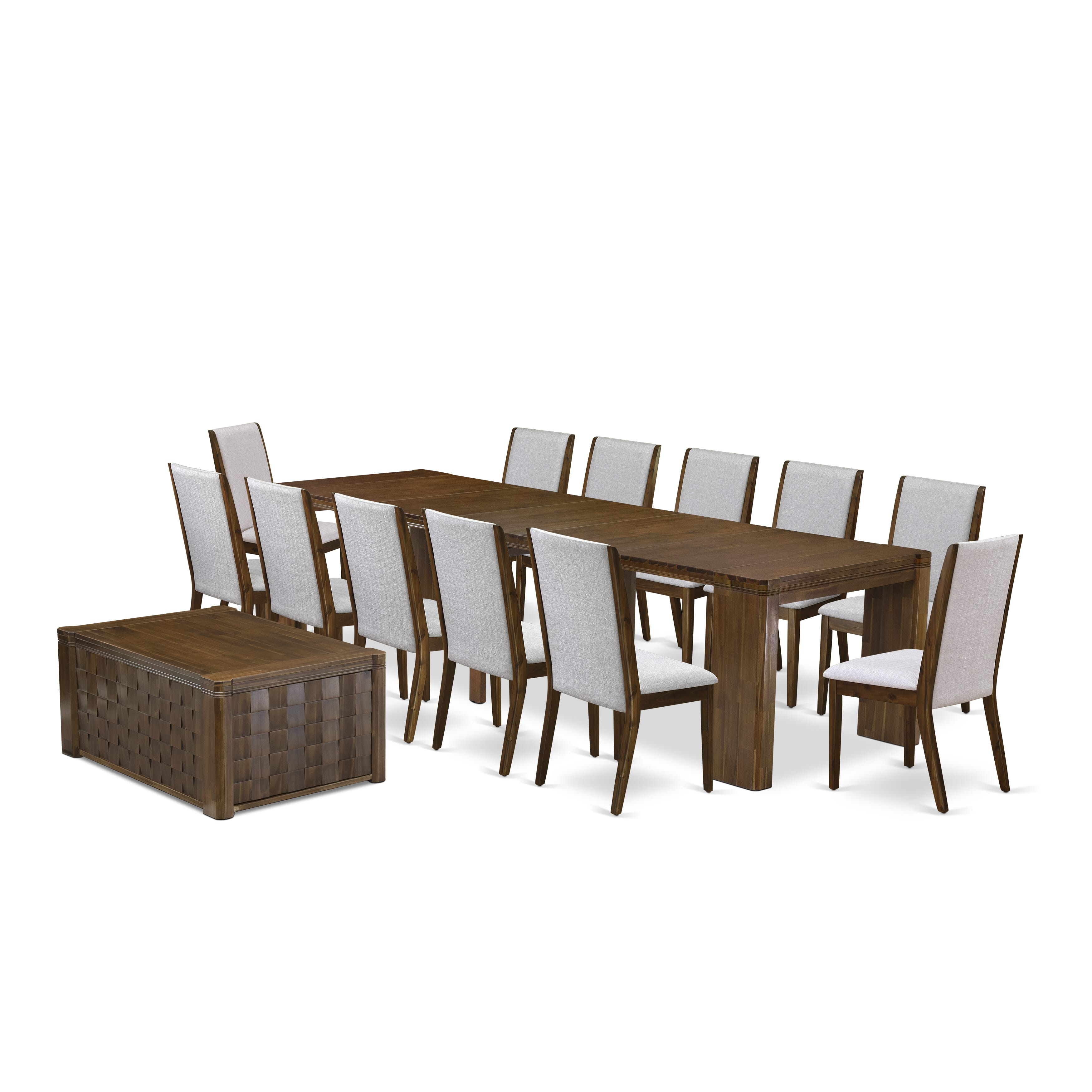 X12LA-0C8-05-14 Pieces Extendable Dining Set Includes a Rectangle Xtenczar Kitchen Table, 1 Coffee Table and 12 Grey Linen Fabric Dining Chairs, Antique Walnut