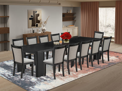 X12MZ-006-06 13-piece Xtenczar Dining Table Set a Rectangular Xtenczar Dining Table and 12 Shitake Linen Fabric Dining Chair, Wire Brushed Black