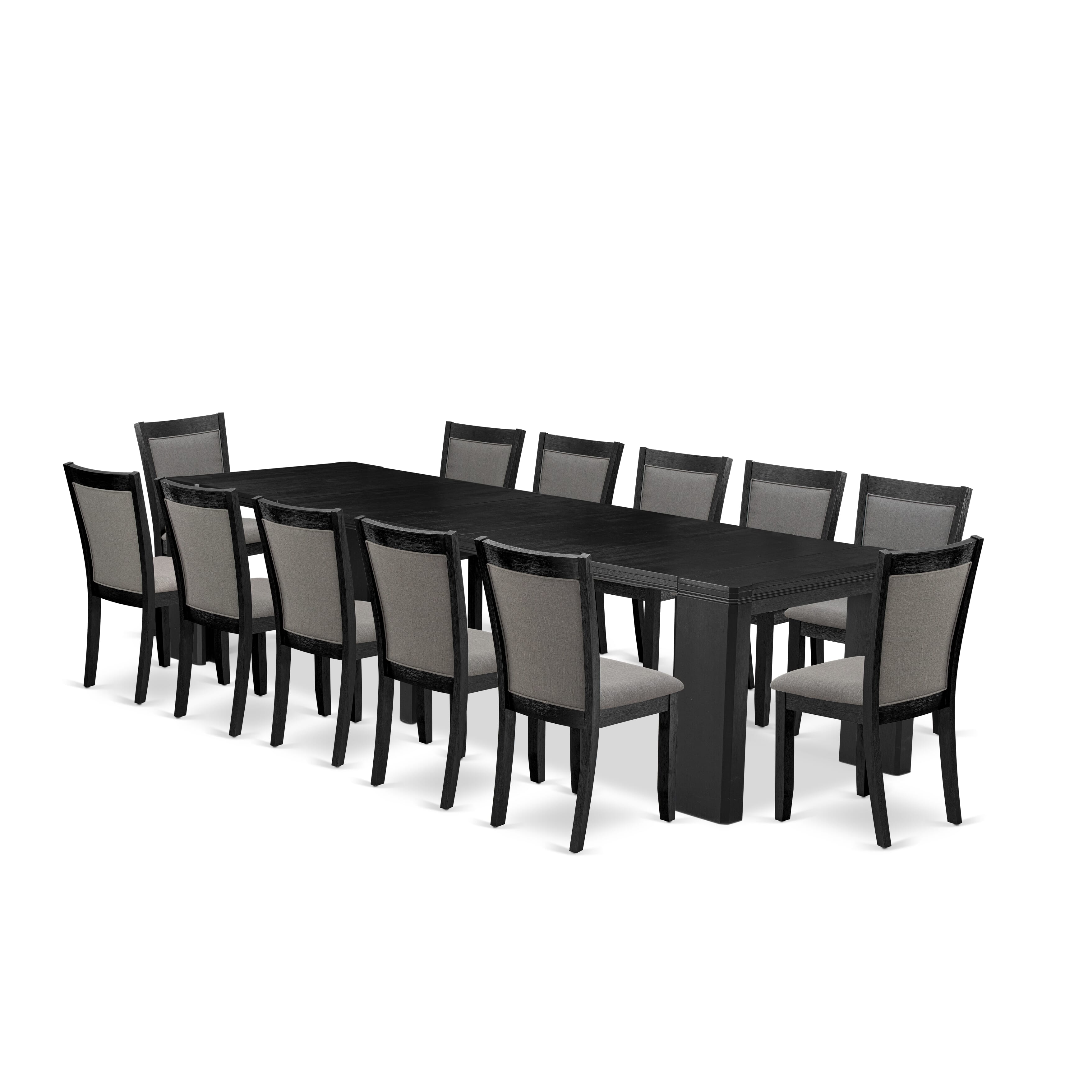 X12MZ-006-50 13-piece Xtenczar Dining Table Set a Rectangular Kitchen Table and 12 Dark Gotham Grey Linen Fabric Dining Chair, Wire Brushed Black