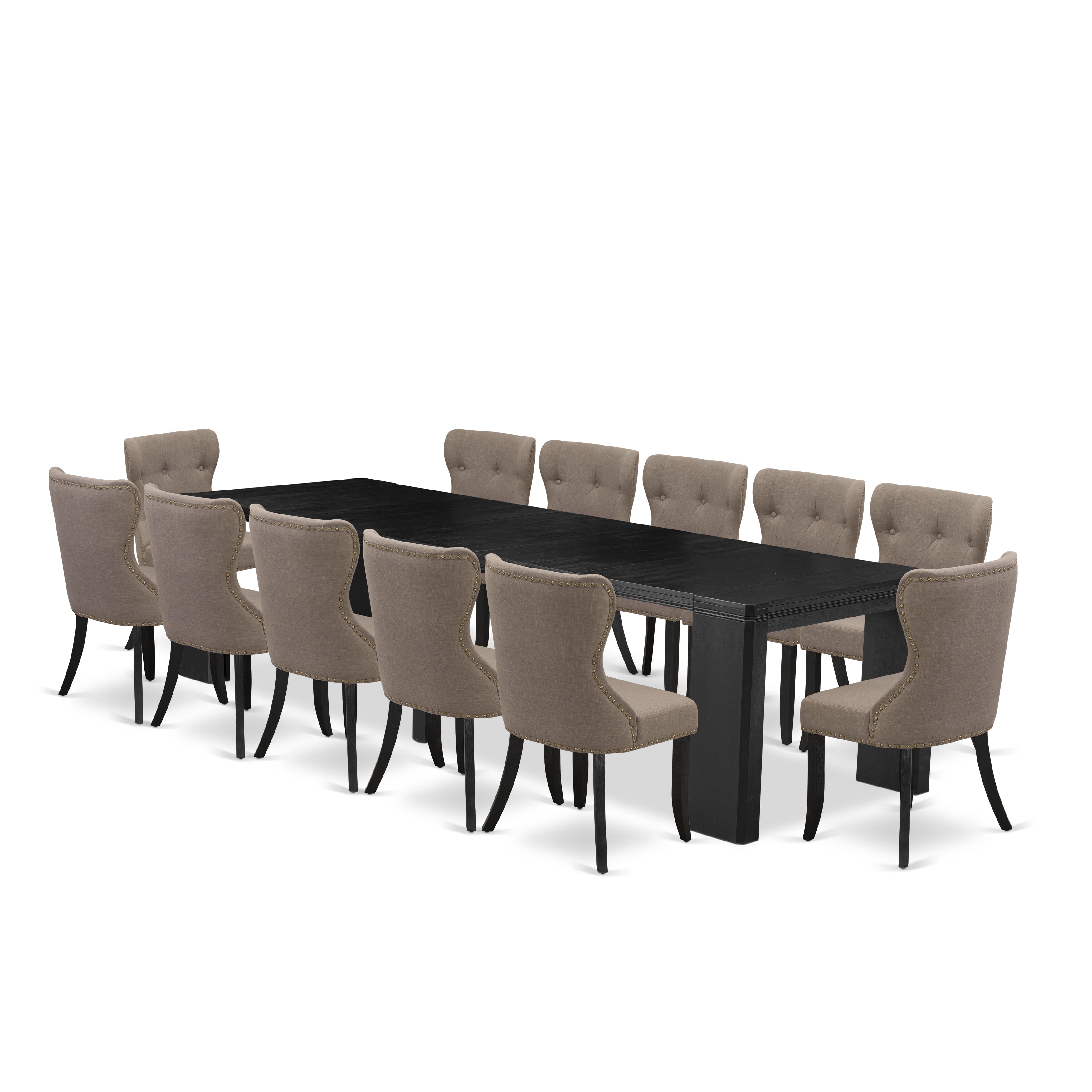 X12SI-006-4813-piece Xtenczar Modern Xtenczar Dining Table Set a Rectangular Kitchen Table and 12 coffee Linen Fabric Dining Chair, Wire Brushed Black