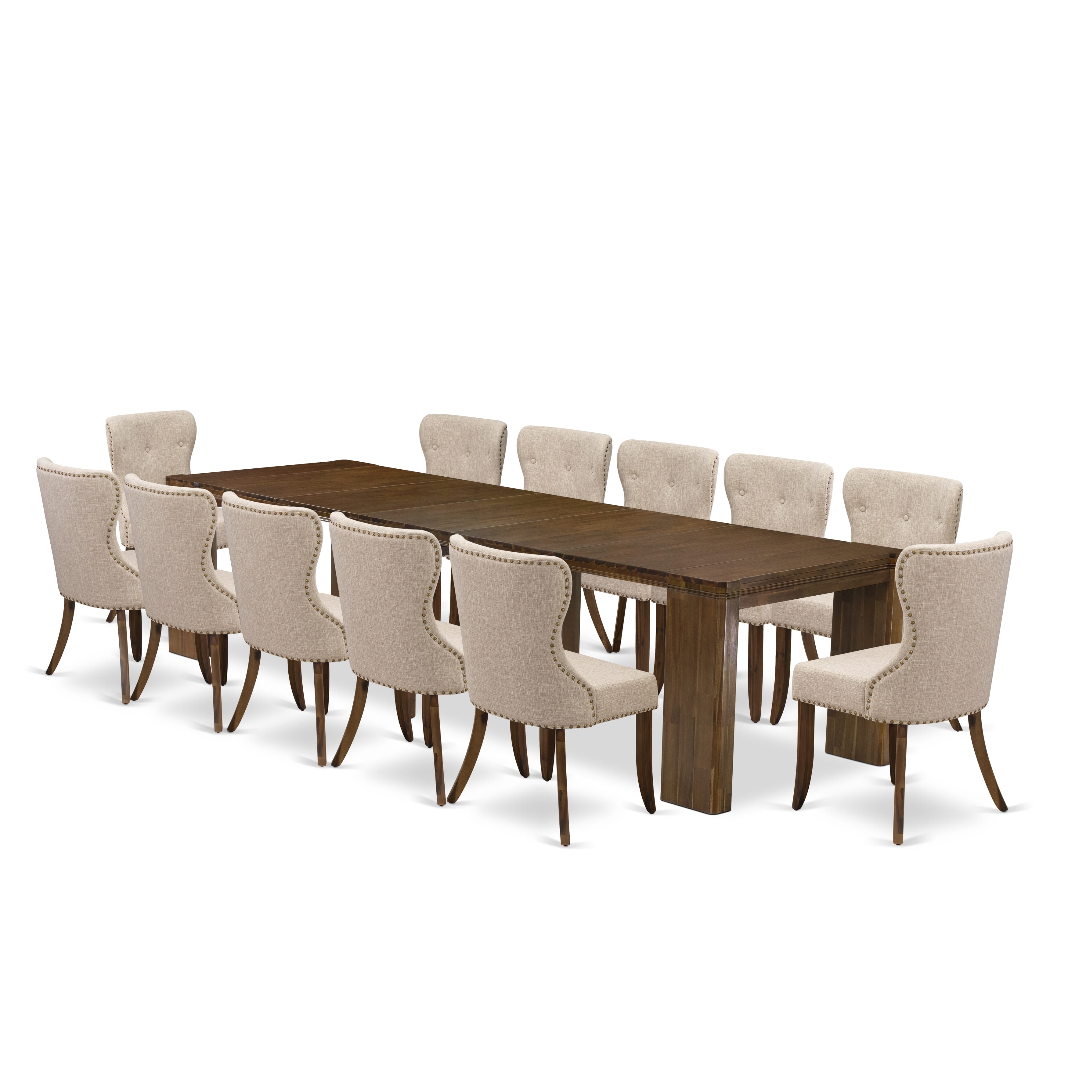 X12SI-008-04-13 Pieces Extendable Dining Set Includes a Rectangle Xtenczar Table and 12 Light Tan Linen Fabric Dining Chairs, Antique Walnut