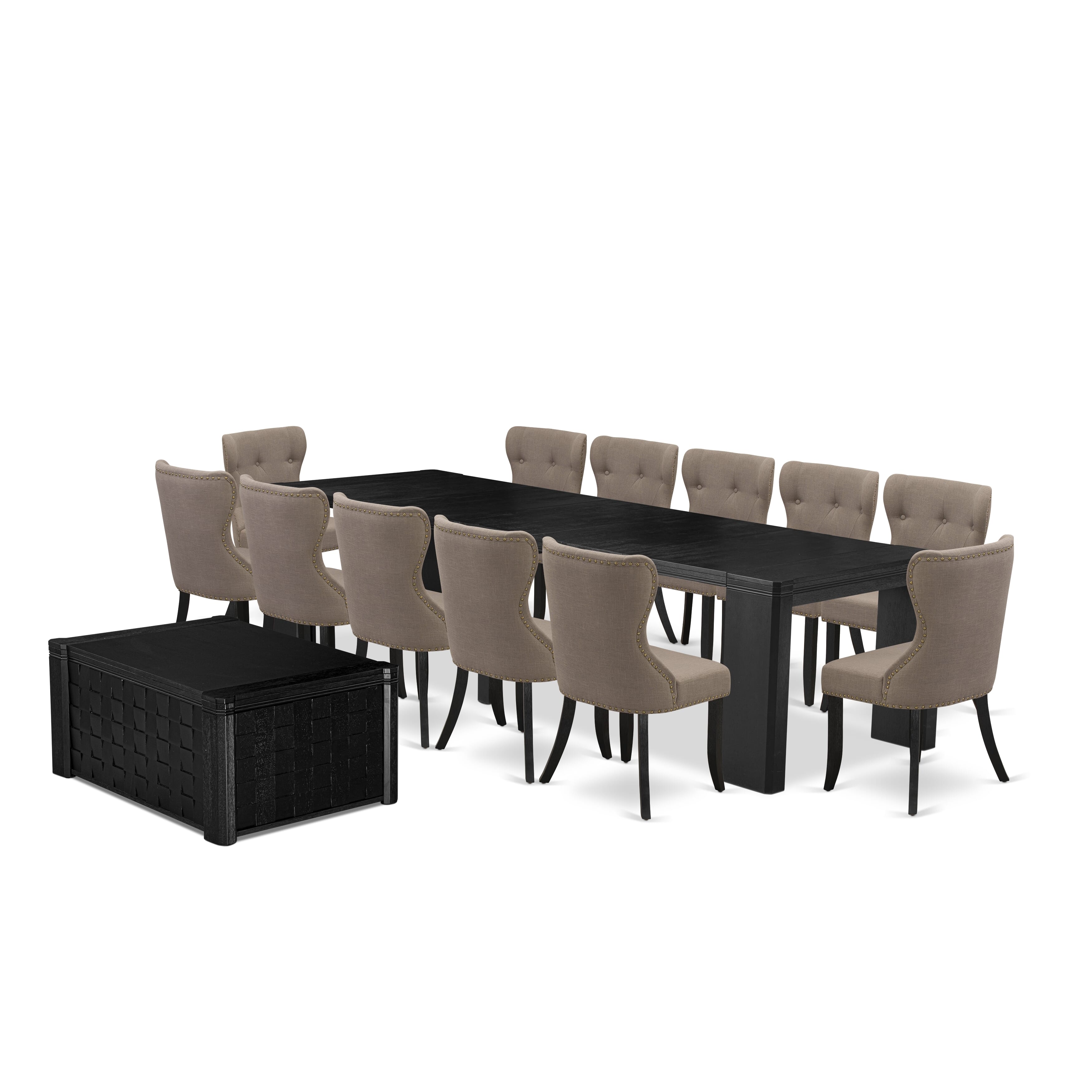 X12SI-0C6-48 14-piece Xtenczar Dining Table Set a Rectangular Xtenczar Dining Table with a coffee Table and 12 coffee Linen Fabric kitchen Chair, Wire Brushed Black