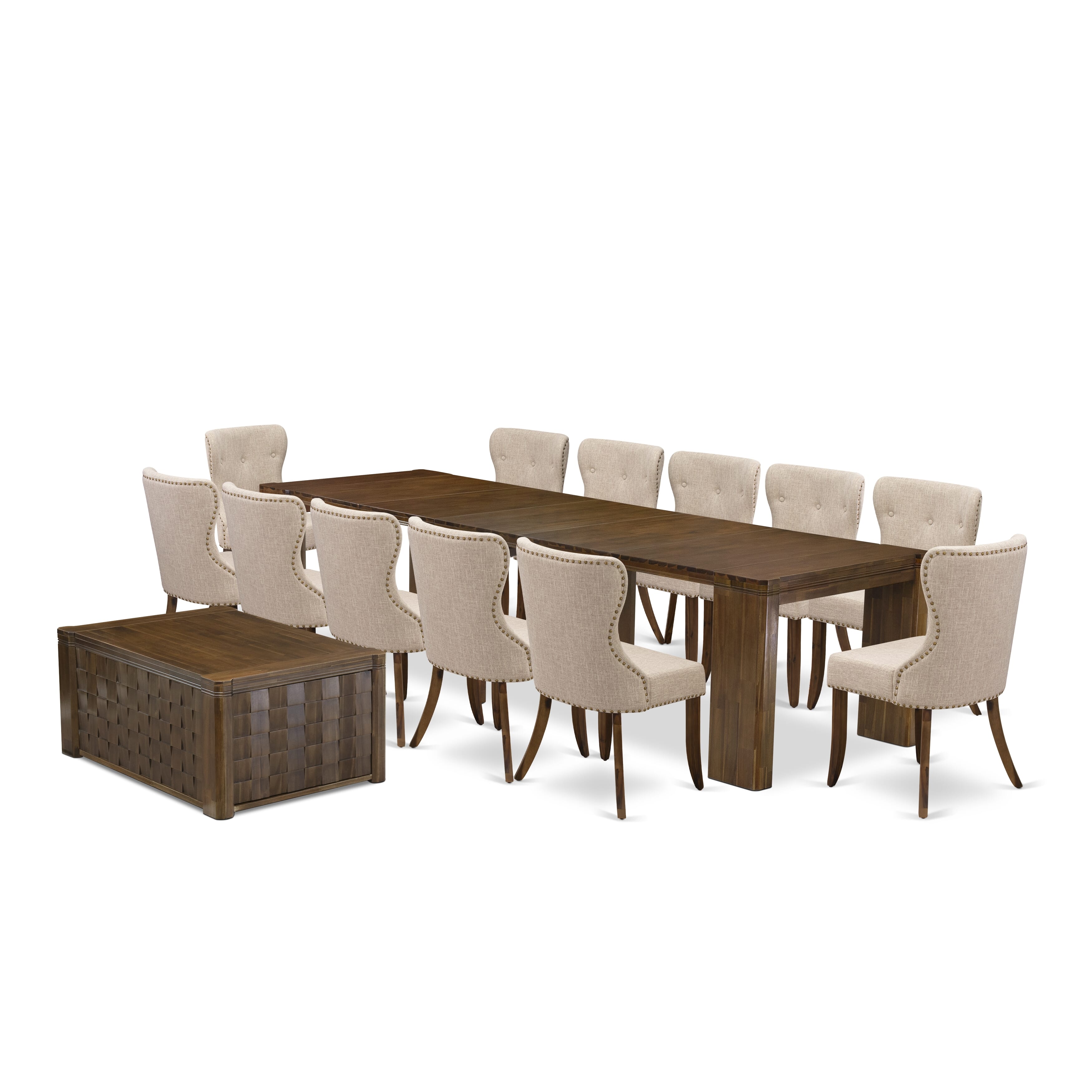 X12SI-0C8-04-14 Pieces Extendable Dining Set Includes a Rectangle Xtenczar Table, 1 Coffee Table and 12 Light Tan Linen Fabric Dining Chairs, Antique Walnut