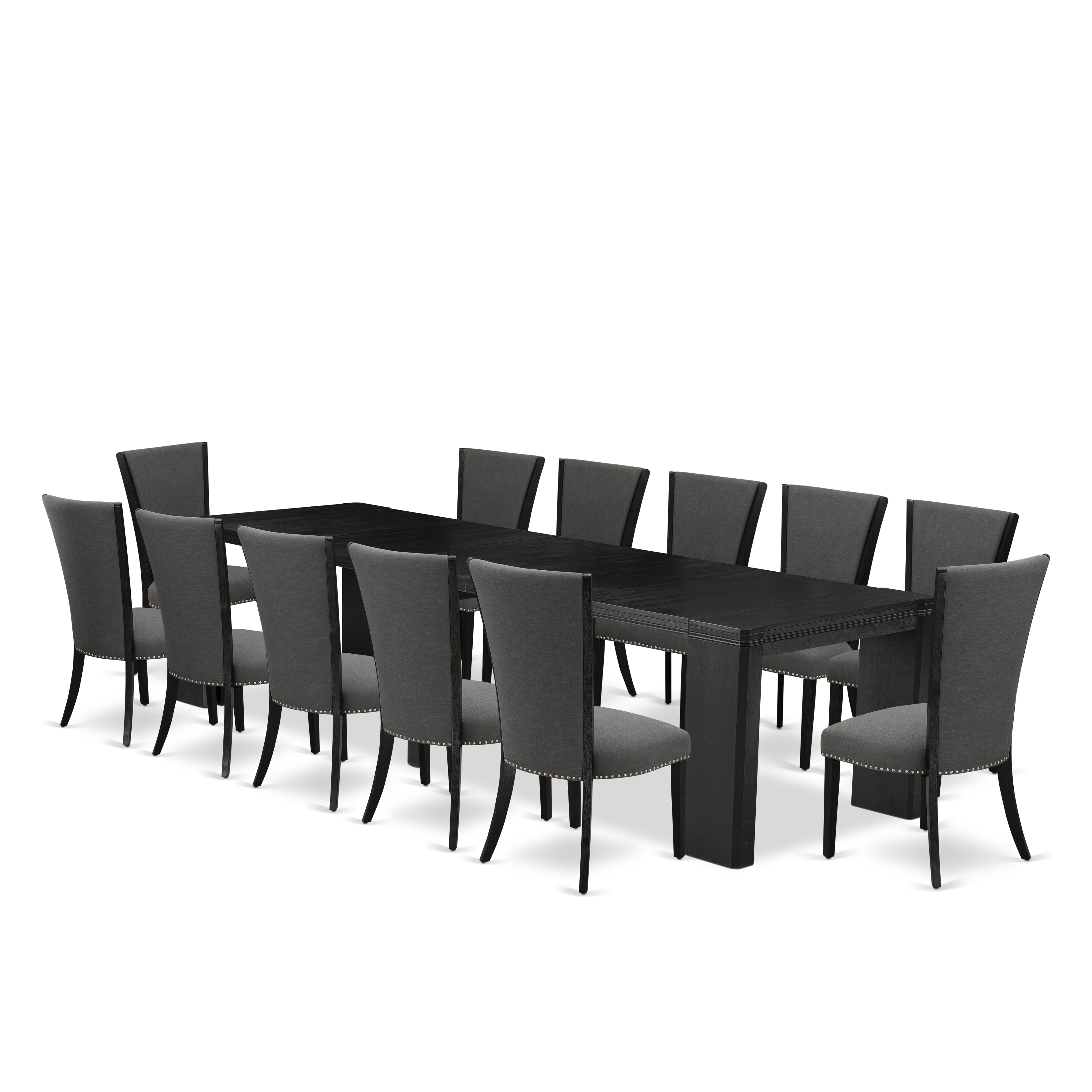 X12VE-006-50 13-piece Xtenczar Modern Xtenczar Dining Table Set a Rectangular Kitchen Table and 12 Dark Gotham Grey Linen Fabric Dining Chair, Wire Brushed Black