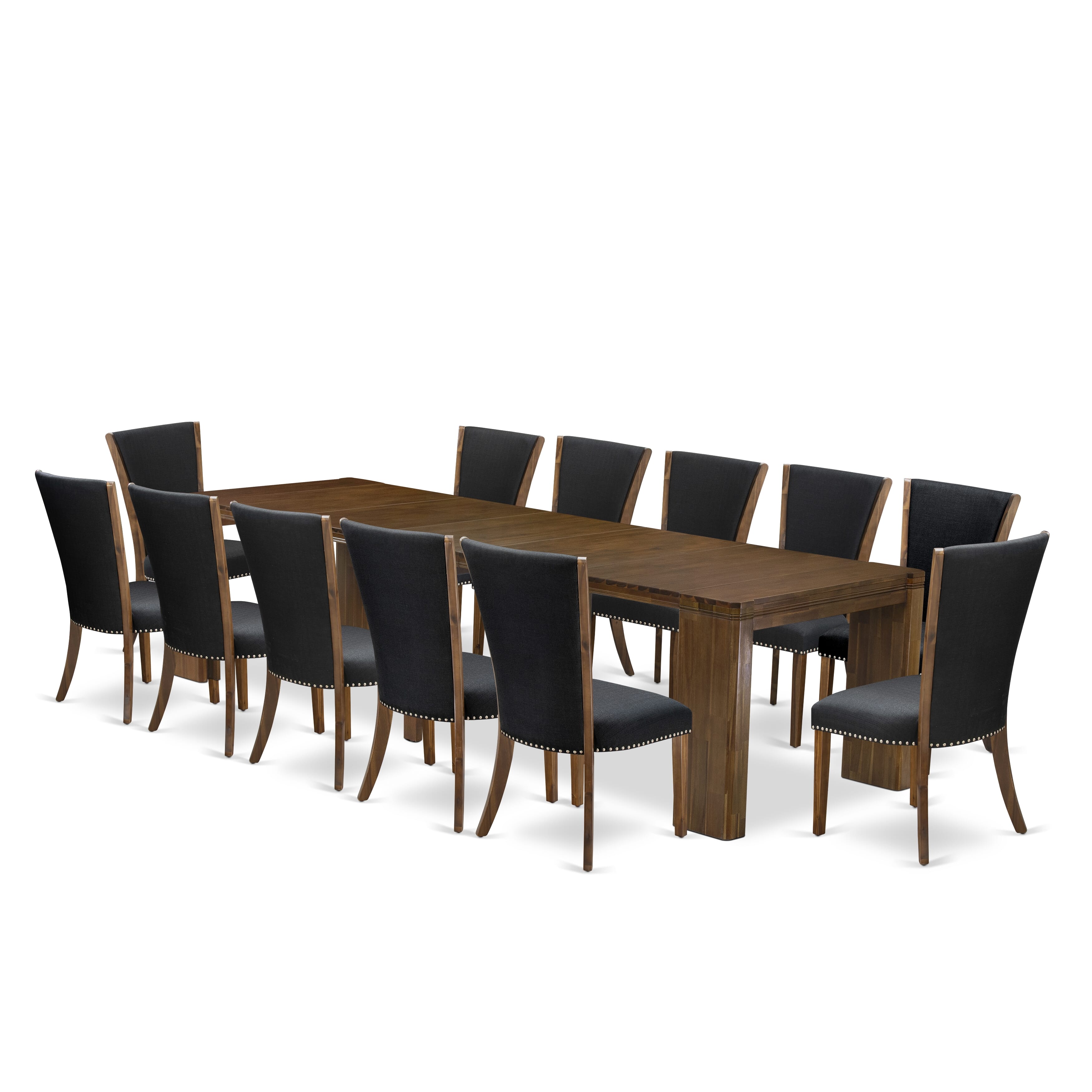 X12VE-008-24-13 Pieces Extendable Dining Set Includes a Rectangle Xtenczar Dining Table and 12 Black Linen Fabric Dining Chairs, Antique Walnut