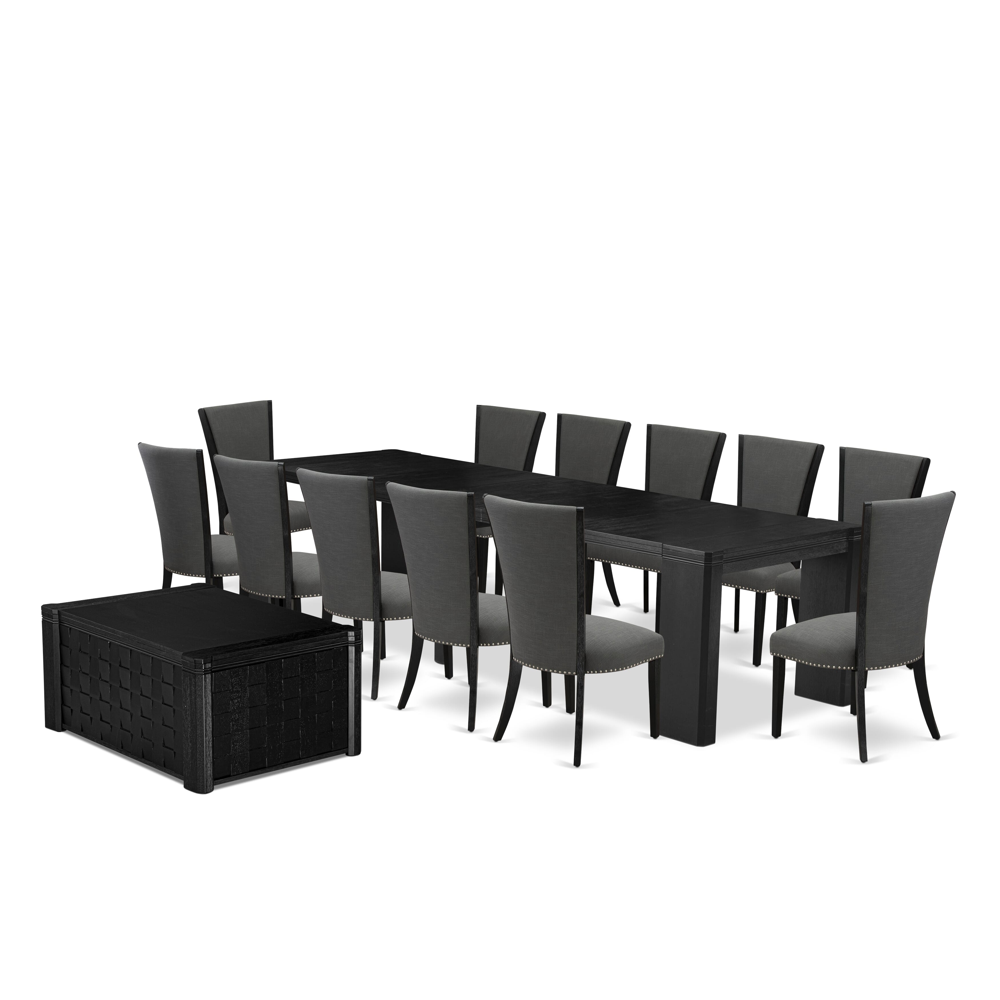 X12VE-0C6-50 14-piece Dining Table Set a Rectangular Xtenczar Dining Table with a coffee Table and 12 Dark Gotham Grey Linen Fabric kitchen Chair, Wire Brushed Black