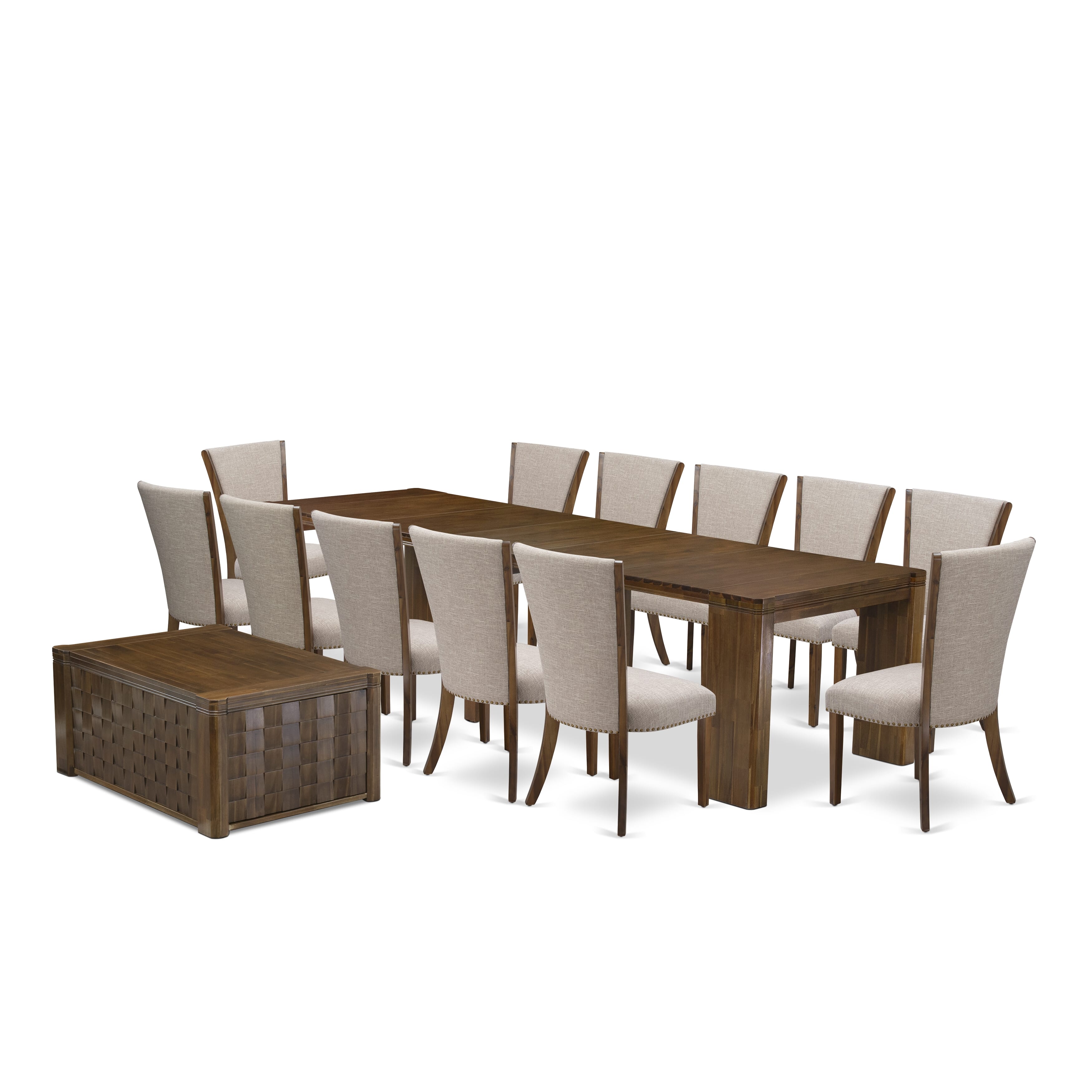 X12VE-0C8-04-14 Pieces Extendable Dining Set Includes a Rectangle Xtenczar Dining Table, 1 Coffee Table and 12 Light Tan Linen Fabric Dining Chairs, Antique Walnut