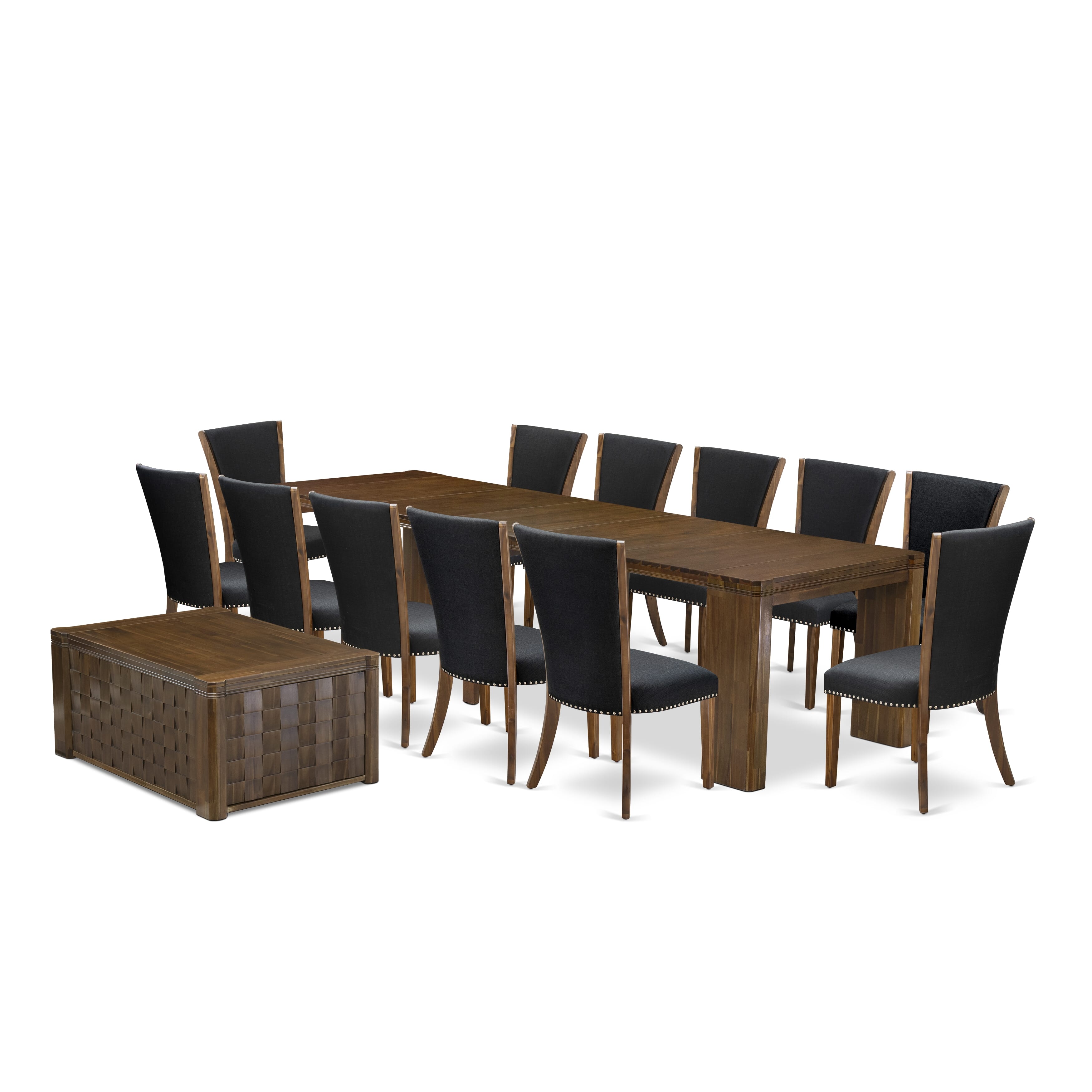 X12VE-0C8-24-14 Pieces Extendable Dining Set Includes a Rectangle Xtenczar Dining Table, 1 Coffee Table and 12 Black Linen Fabric Dining Chairs, Antique Walnut