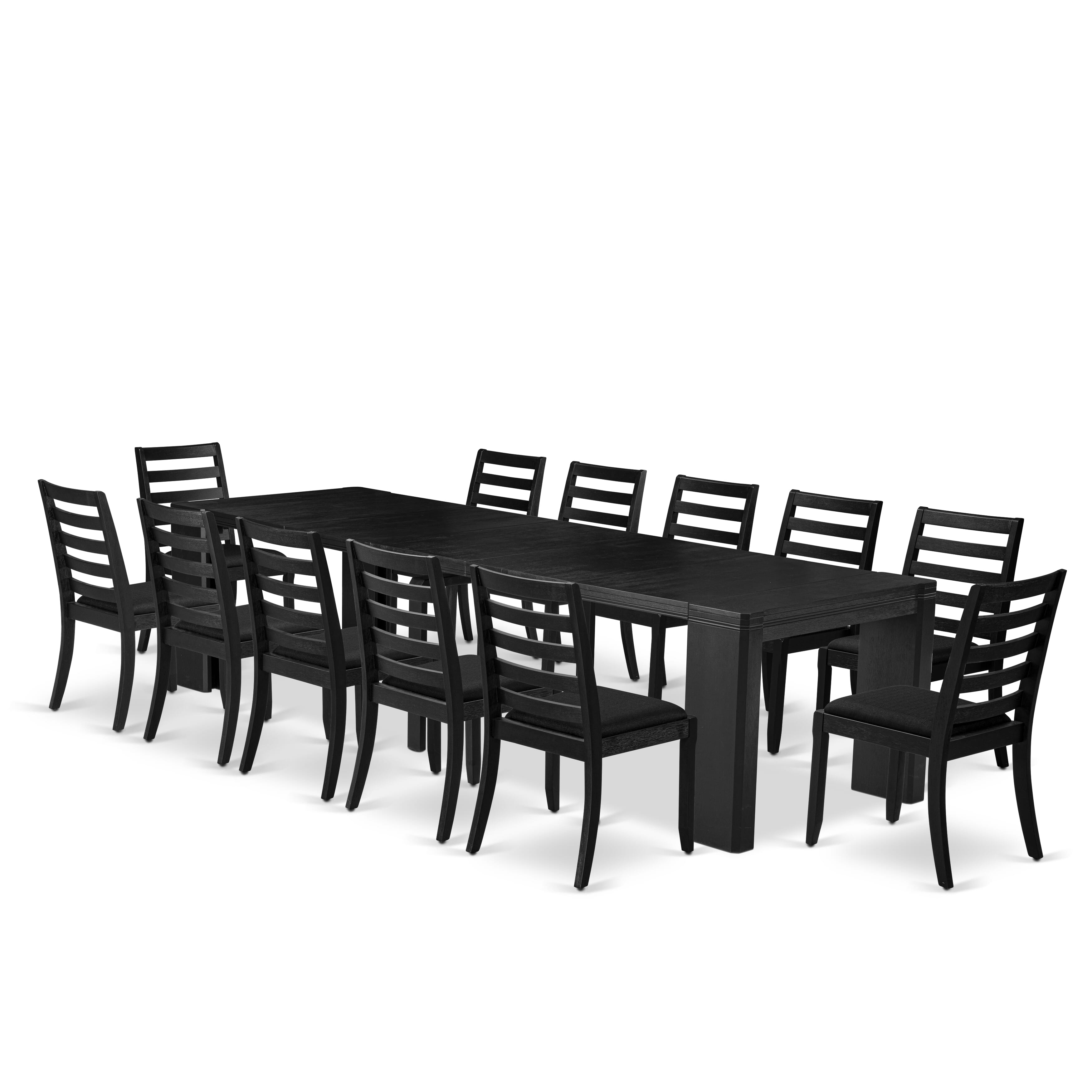 X12X1-006-24 13-piece Xtenczar Modern Xtenczar Dining Table Set a Rectangular Xtenczar Dining Table and 12 Black Linen Fabric Stackable Chair, Wire Brushed Black
