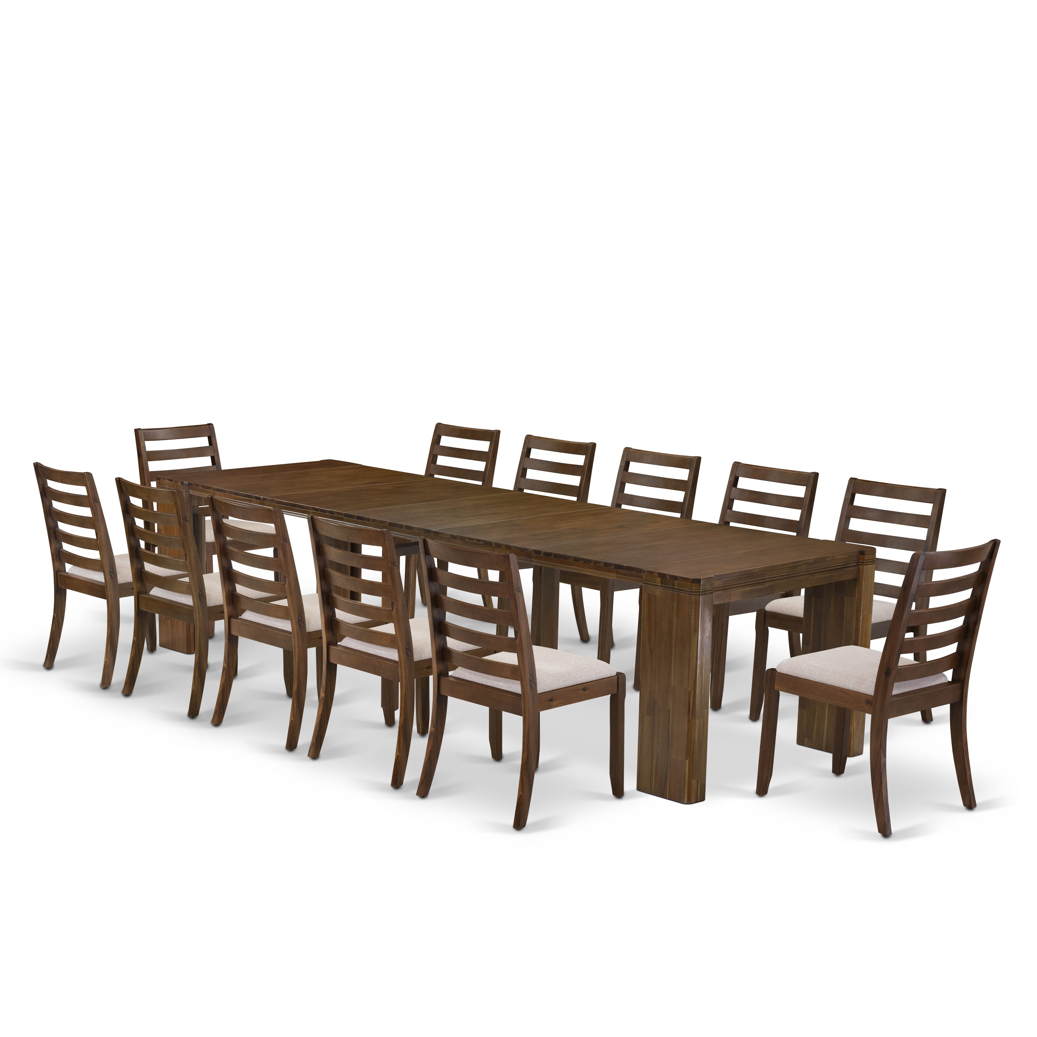X12X1-008-04- 13 Pieces Extendable Dining Set Includes a Rectangle Xtenczar Kitchen Table and 12 Light Tan Linen Fabric Stackable Dining Chairs, Antique Walnut