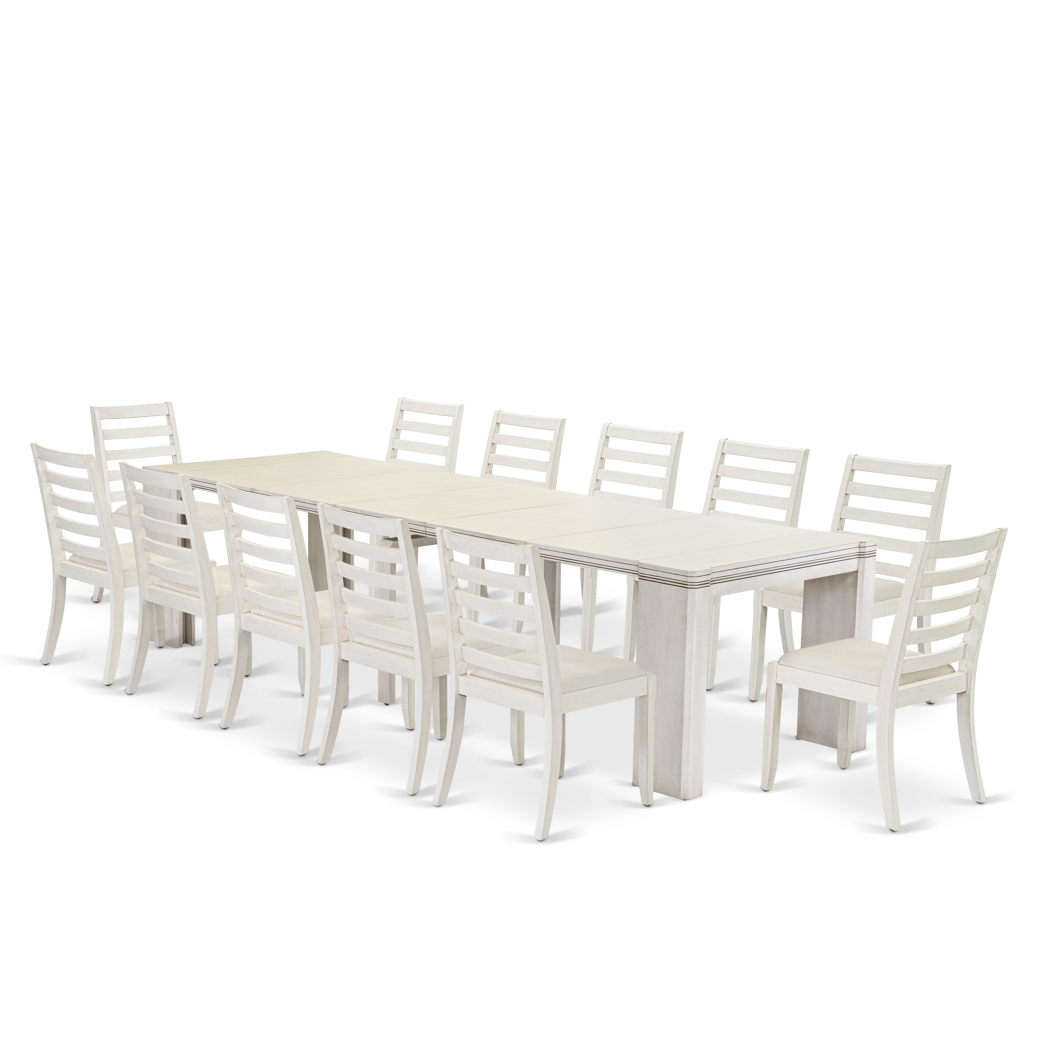 X12X1-00W-01 -13 Pieces Extendable Dining Set Includes a Rectangle Xtenczar Dining Table and 12 Cream Linen Fabric Stackable Dining Chairs, Antique White