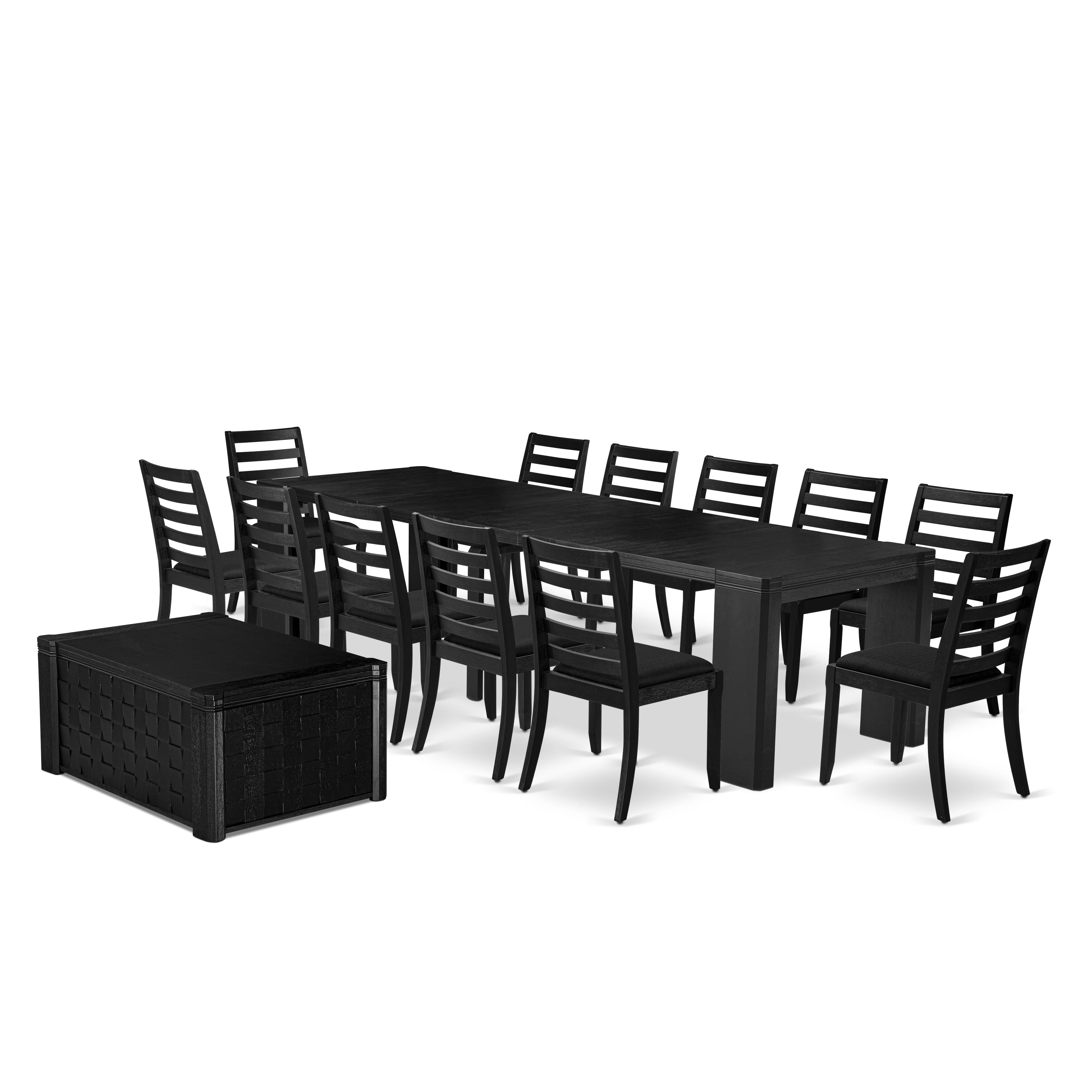X12X1-0C6-24 14-piece Modern Dining Table Set a Rectangular Xtenczar Dining Table with a coffee Table and 12 Black Linen Fabric Stackable Chair, Wire Brushed Black