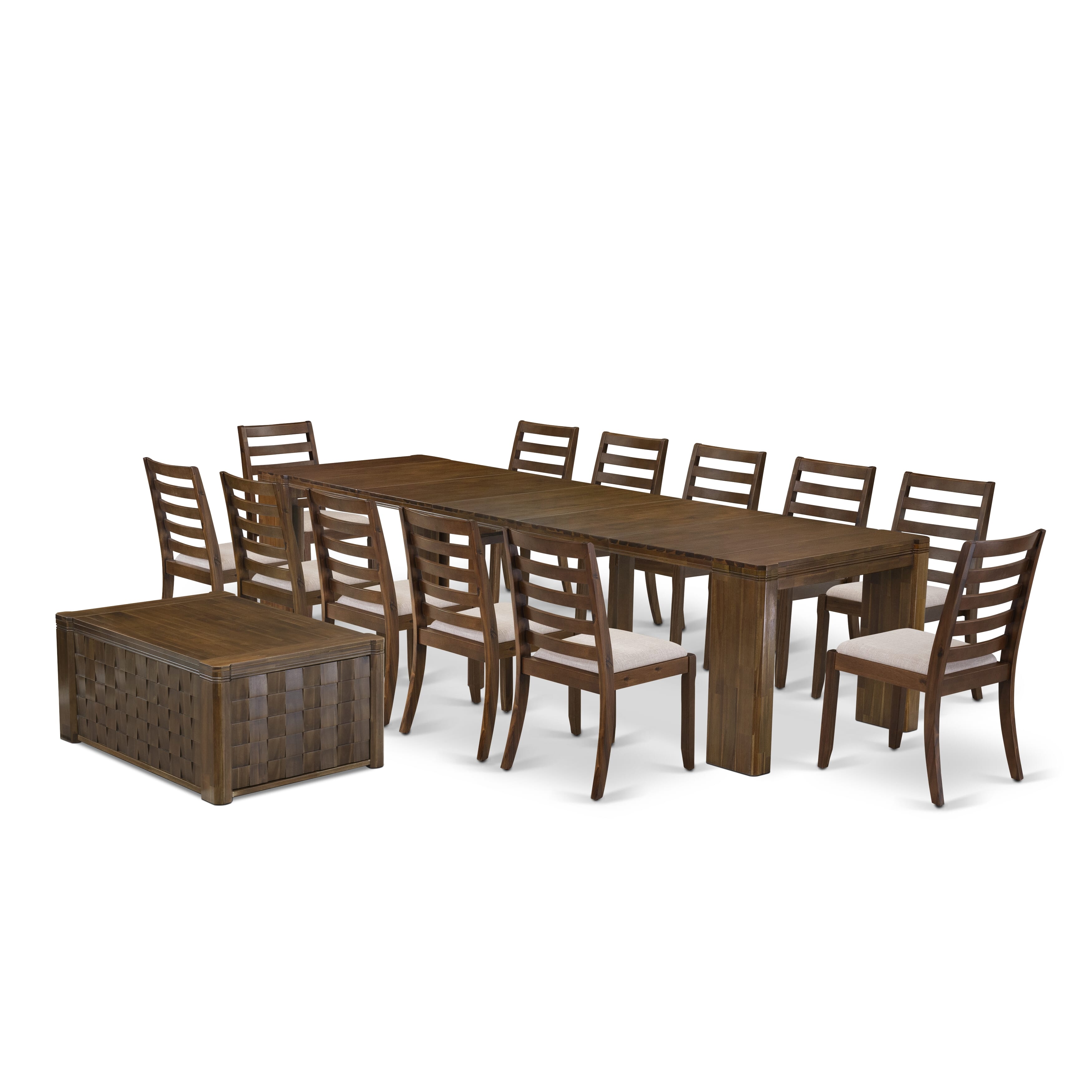 X12X1-0C8-04 -14 Pieces Extendable Dining Set Includes 1 Rectangle Xtenczar Kitchen Table, 1 Coffee Table, 12 Light Tan Fabric Stackable Dining Chairs, Antique Walnut