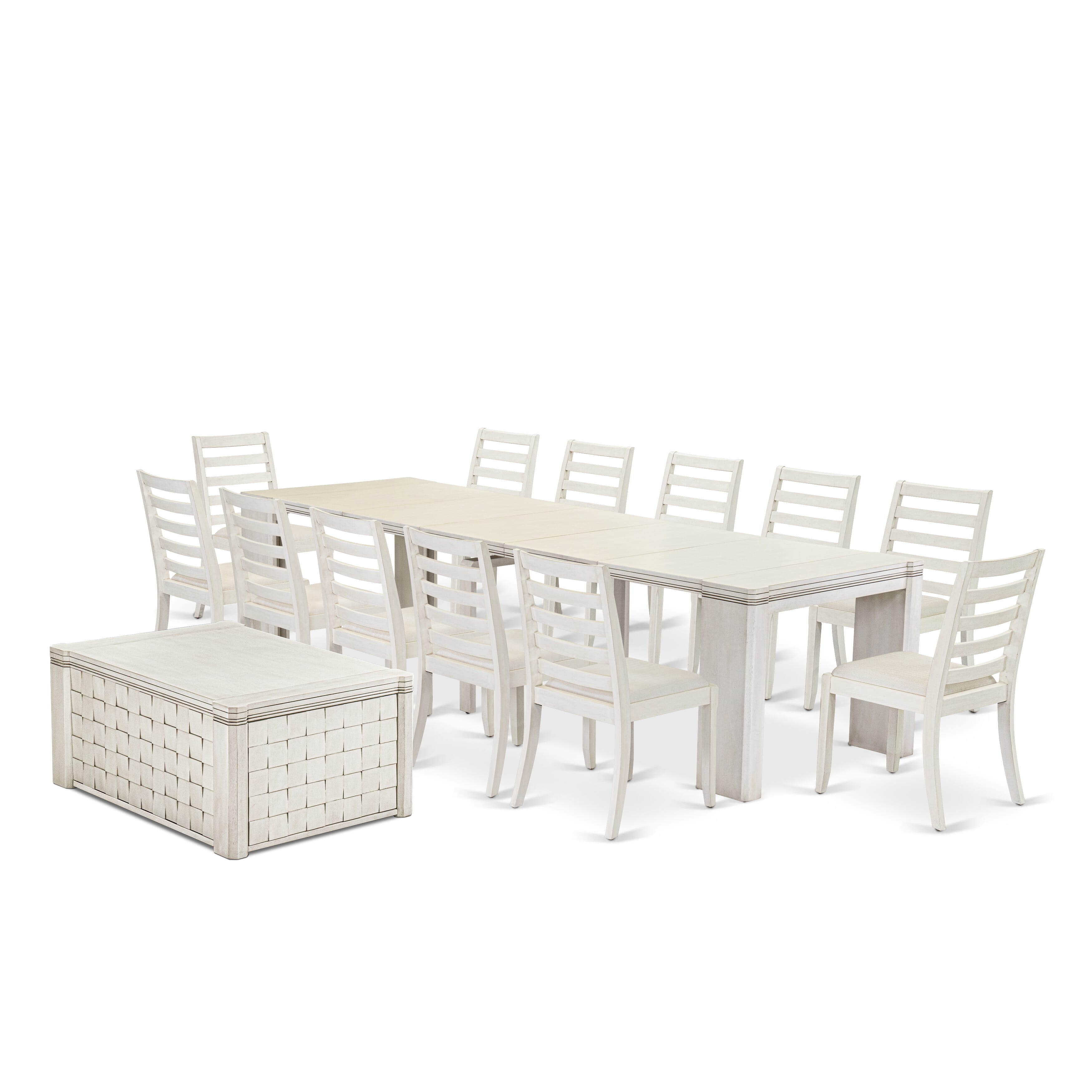 X12X1-0CW-01-14 Pieces Extendable Dining Set Includes 1 Rectangle Xtenczar Dining Table, 1 Coffee Table, 12 Cream Linen Fabric Stackable Dining Chairs, Antique White